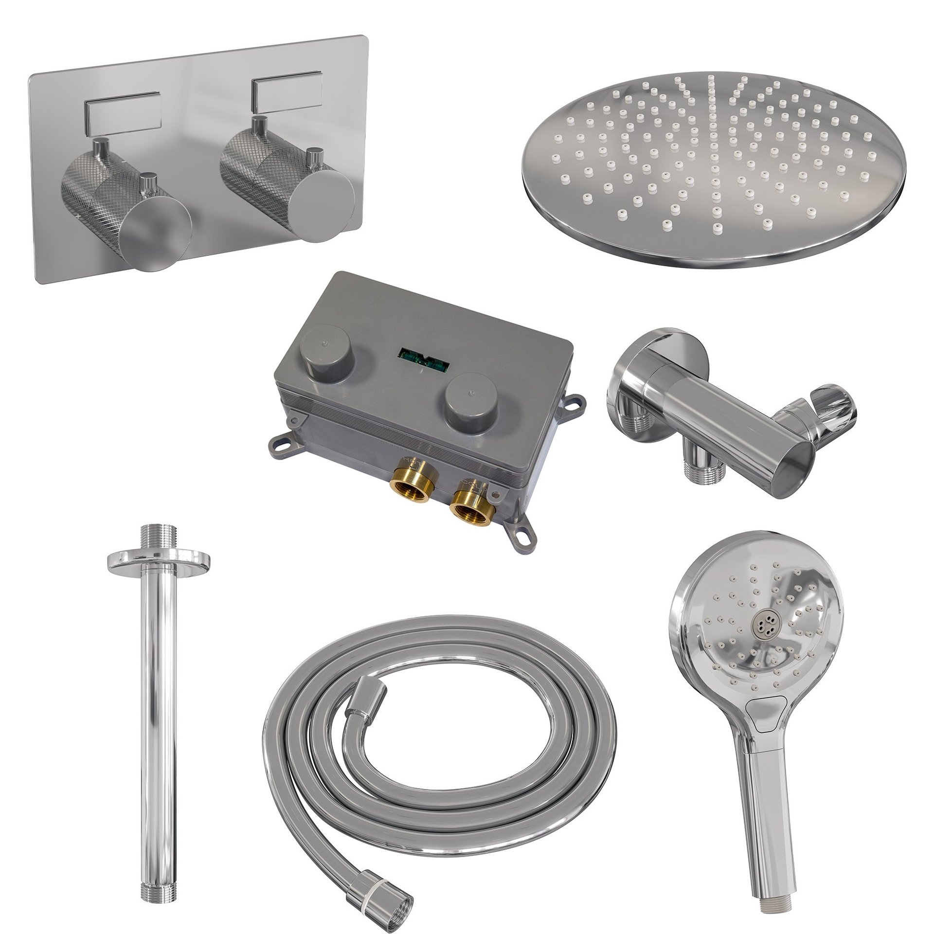 BRAUER Chrome Carving thermostatische inbouw regendouche met drukknoppen SET 60 met 30 cm douchekop en plafondarm en 3-standen handdouche en doucheslang en wandaansluitbocht chroom