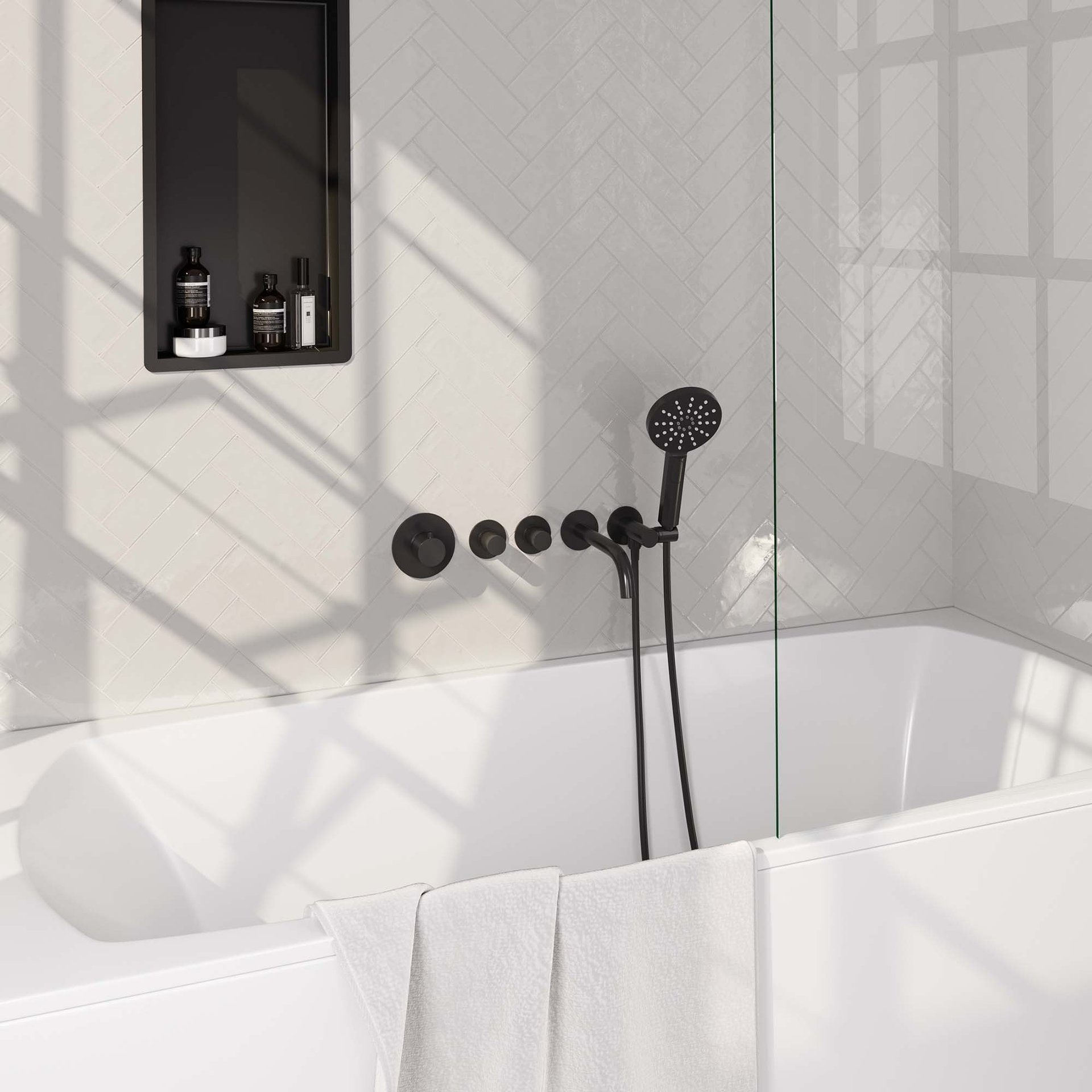 BRAUER Black Edition thermostatische inbouw badkraan SET 02 met uitloop en 3-standen handdouche en doucheslang en wandaansluitbocht mat zwart