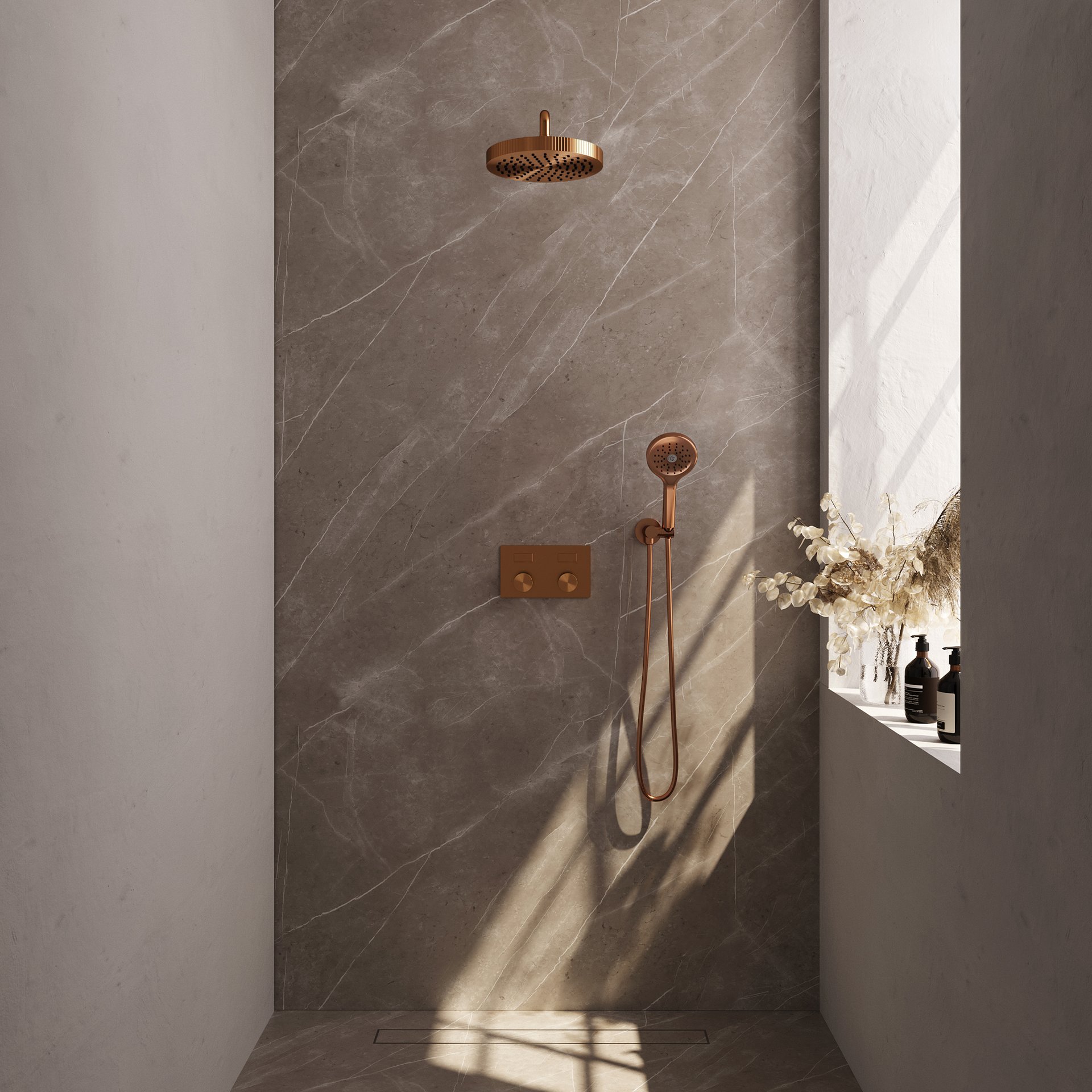 BRAUER Stripe thermostatische inbouw regendouche met drukknoppen SET 29 met 25 cm douchekop en gebogen muurarm en 3-standen handdouche en doucheslang en wandaansluitbocht koper geborsteld PVD