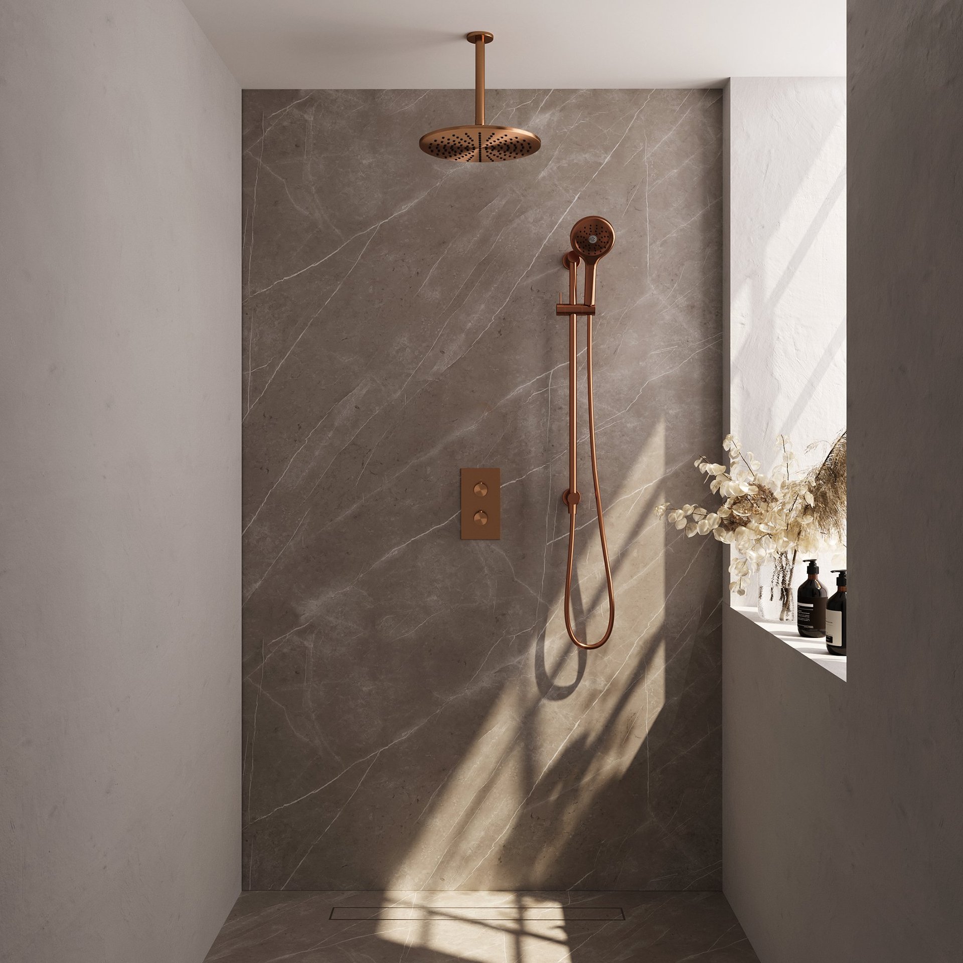 BRAUER Copper Edition thermostatische inbouw regendouche 3-weg rechthoekig SET 48 met 30 cm douchekop en plafondarm en 3-standen handdouche en doucheslang en geïntegreerde glijstang koper geborsteld PVD