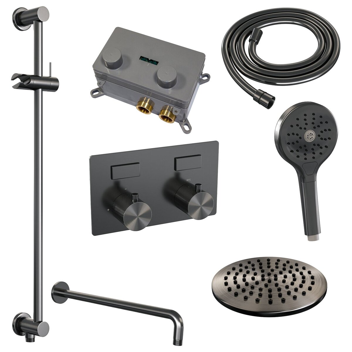 BRAUER Gunmetal Carving thermostatische inbouw regendouche met drukknoppen SET 69 met 20 cm douchekop en gebogen muurarm en 3-standen handdouche en doucheslang en geïntegreerde glijstang gunmetal geborsteld PVD