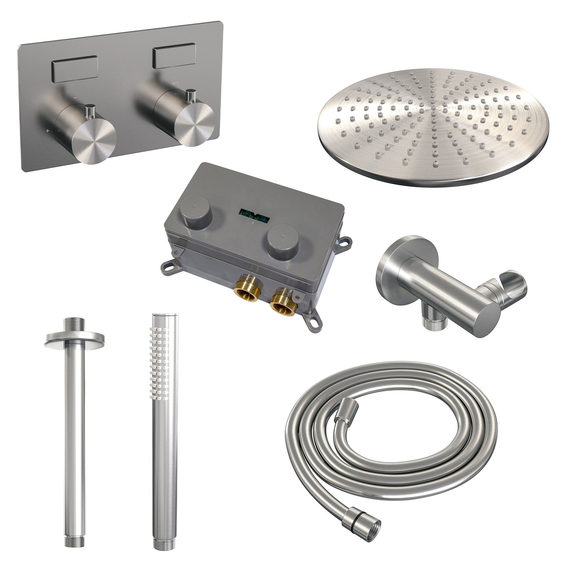 BRAUER Brushed Edition thermostatische inbouw regendouche met drukknoppen SET 54 met 30 cm douchekop en plafondarm en staaf handdouche en doucheslang en wandaansluitbocht RVS geborsteld PVD