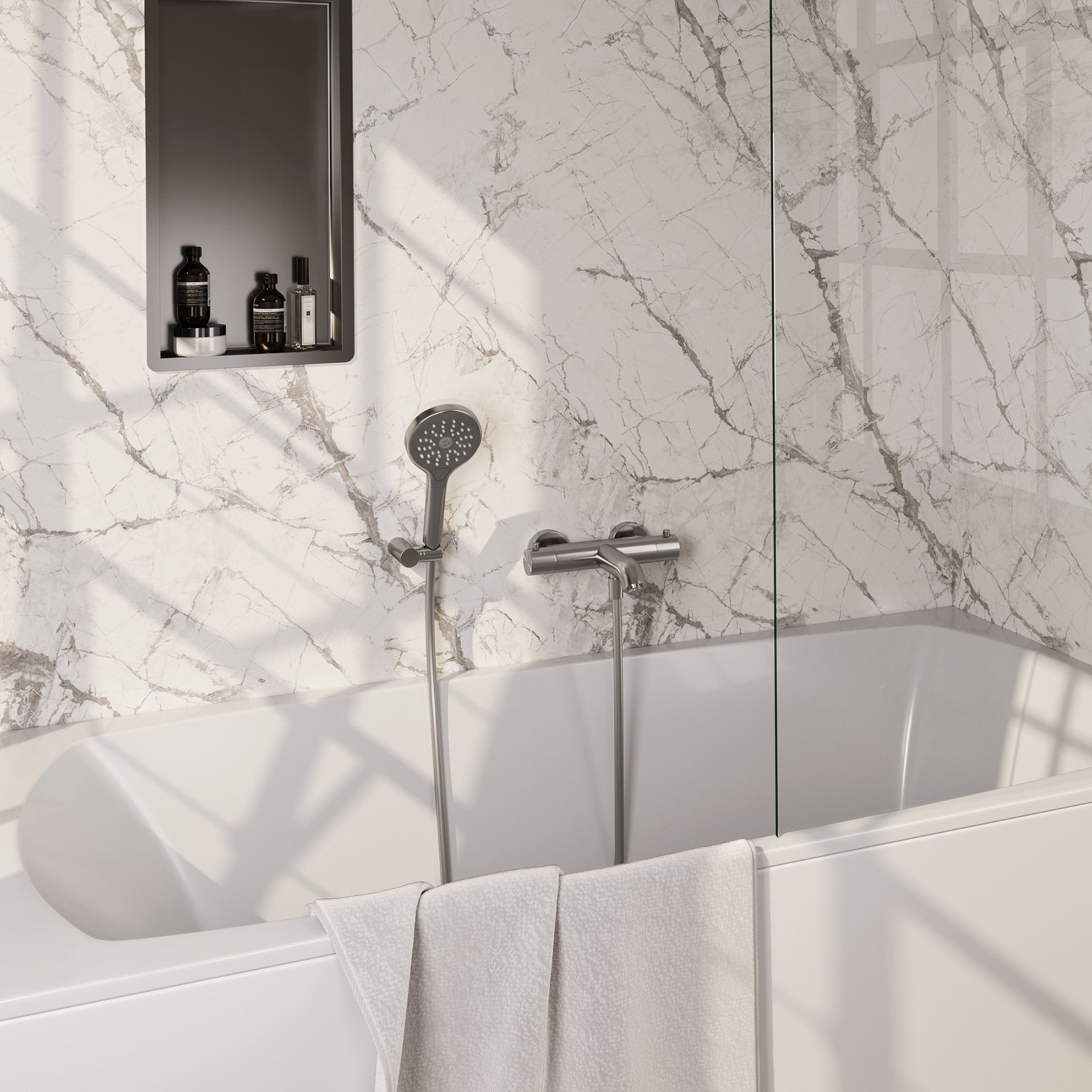 BRAUER Brushed Edition opbouw baddouche thermostaatkraan SET 04 met wandhouder en 3-standen handdouche en doucheslang RVS geborsteld PVD