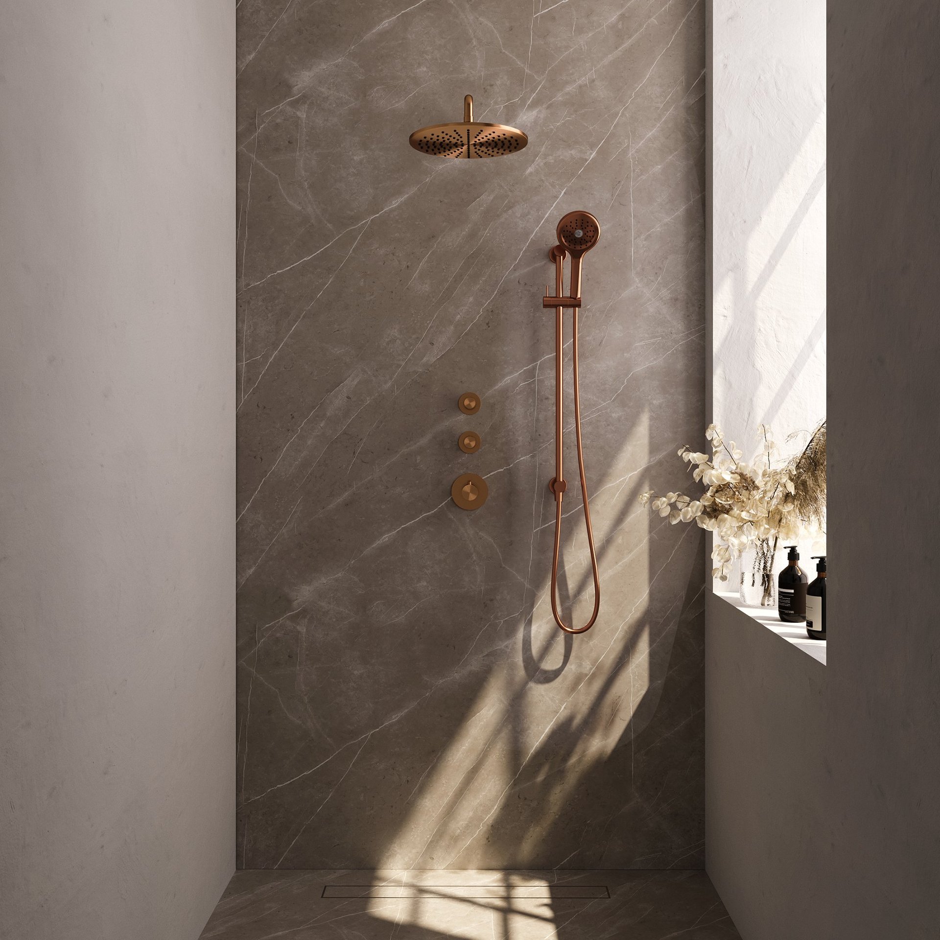 BRAUER Copper Carving thermostatische inbouw regendouche SET 22 met 30 cm douchekop en gebogen muurarm en 3-standen handdouche en doucheslang en geïntegreerde glijstang koper geborsteld PVD
