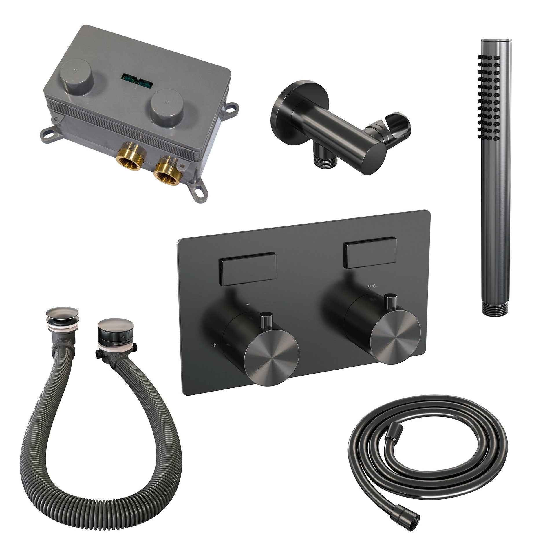 BRAUER Gunmetal Edition thermostatische inbouw badkraan met drukknoppen SET 03 met badvulcombinatie en staaf handdouche en doucheslang en wandaansluitbocht gunmetal geborsteld PVD
