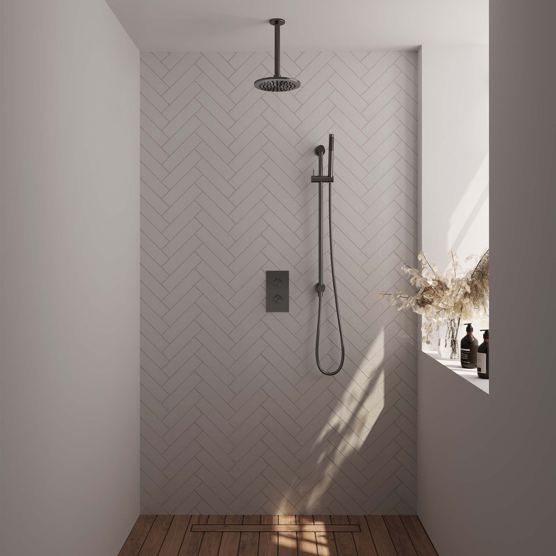 BRAUER Gunmetal Edition thermostatische inbouw regendouche 3-weg rechthoekig SET 41 met 20 cm douchekop en plafondarm en staaf handdouche en doucheslang en geïntegreerde glijstang gunmetal geborsteld PVD