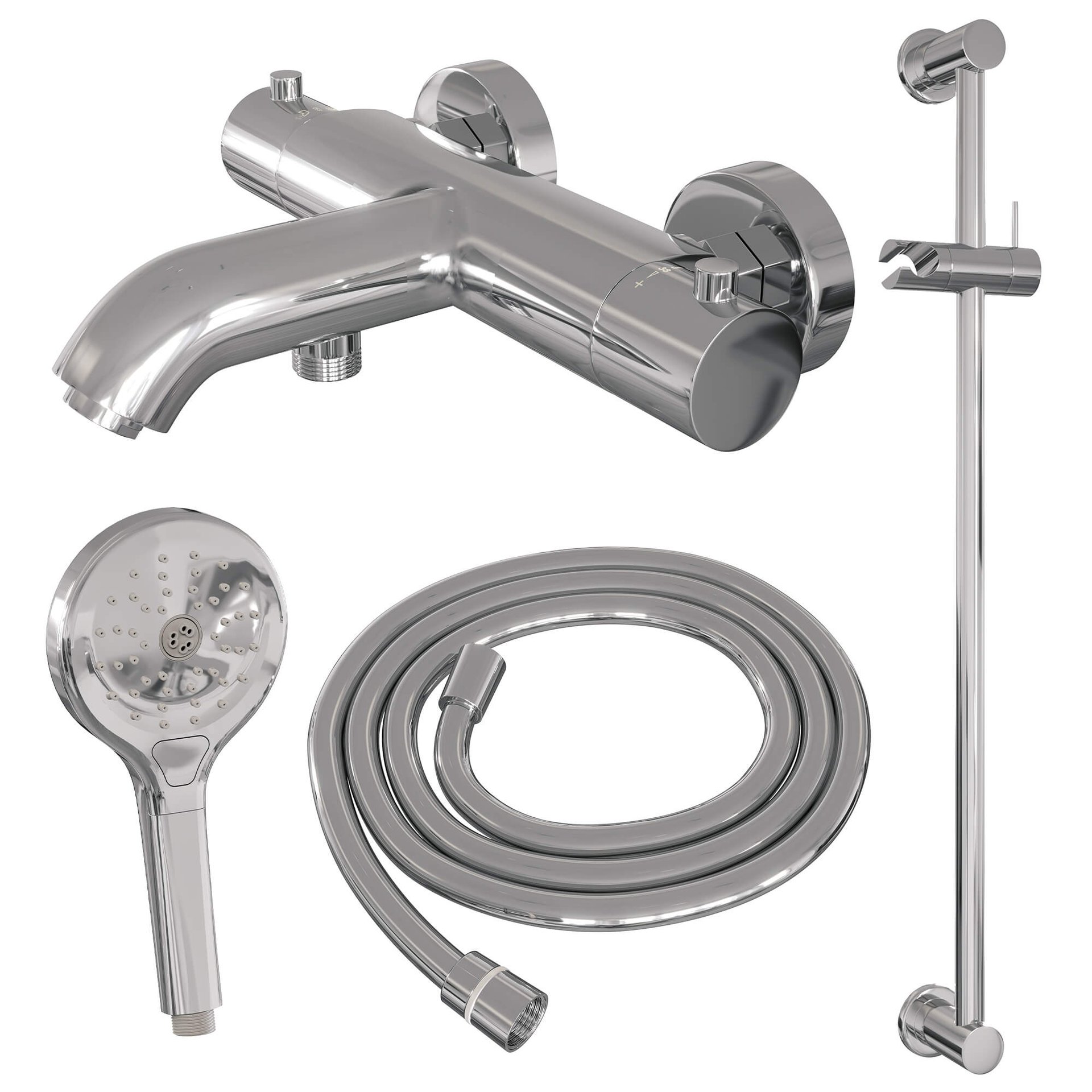 BRAUER Chrome Edition opbouw baddouche thermostaatkraan SET 02 met glijstang en 3-standen handdouche en doucheslang chroom