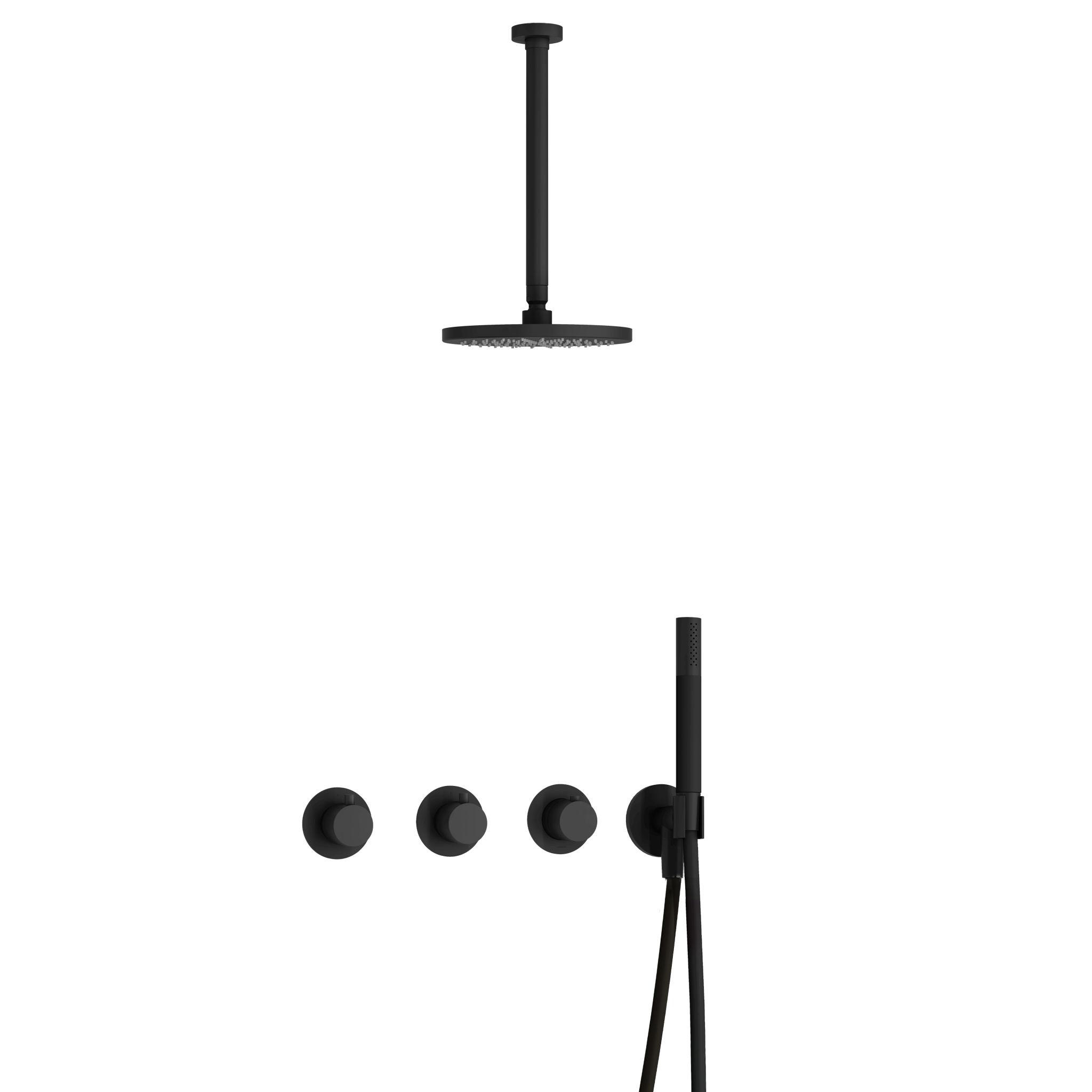 Hotbath Cobber Inbouw Regendoucheset Met Thermostaatkraan, 2 Stopkranen, Plafondbuis 30cm, Hoofddouche 20cm En Staafhanddouche Mat Zwart