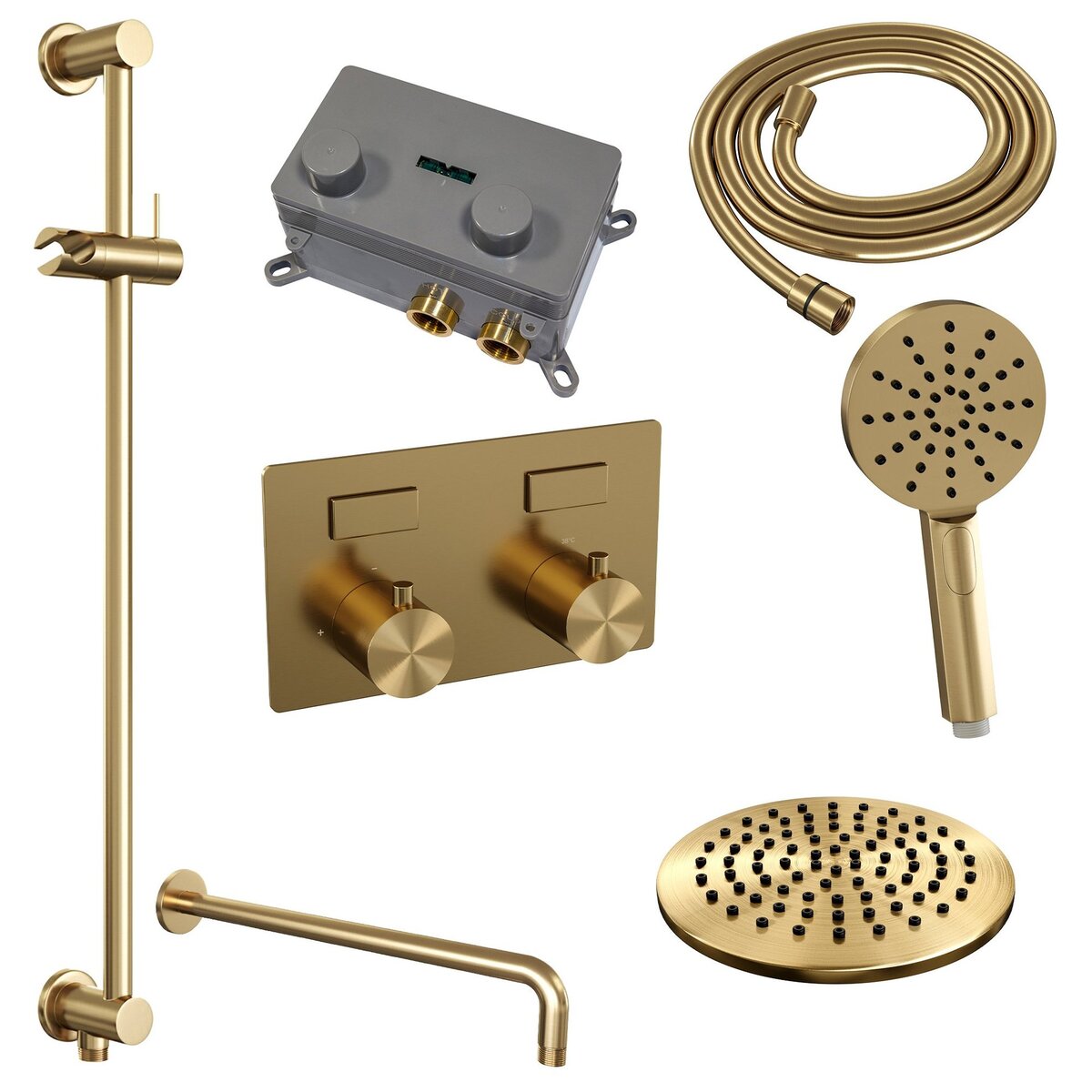 BRAUER Gold Edition thermostatische inbouw regendouche met drukknoppen SET 69 met 20 cm douchekop en gebogen muurarm en 3-standen handdouche en doucheslang en geïntegreerde glijstang goud geborsteld PVD