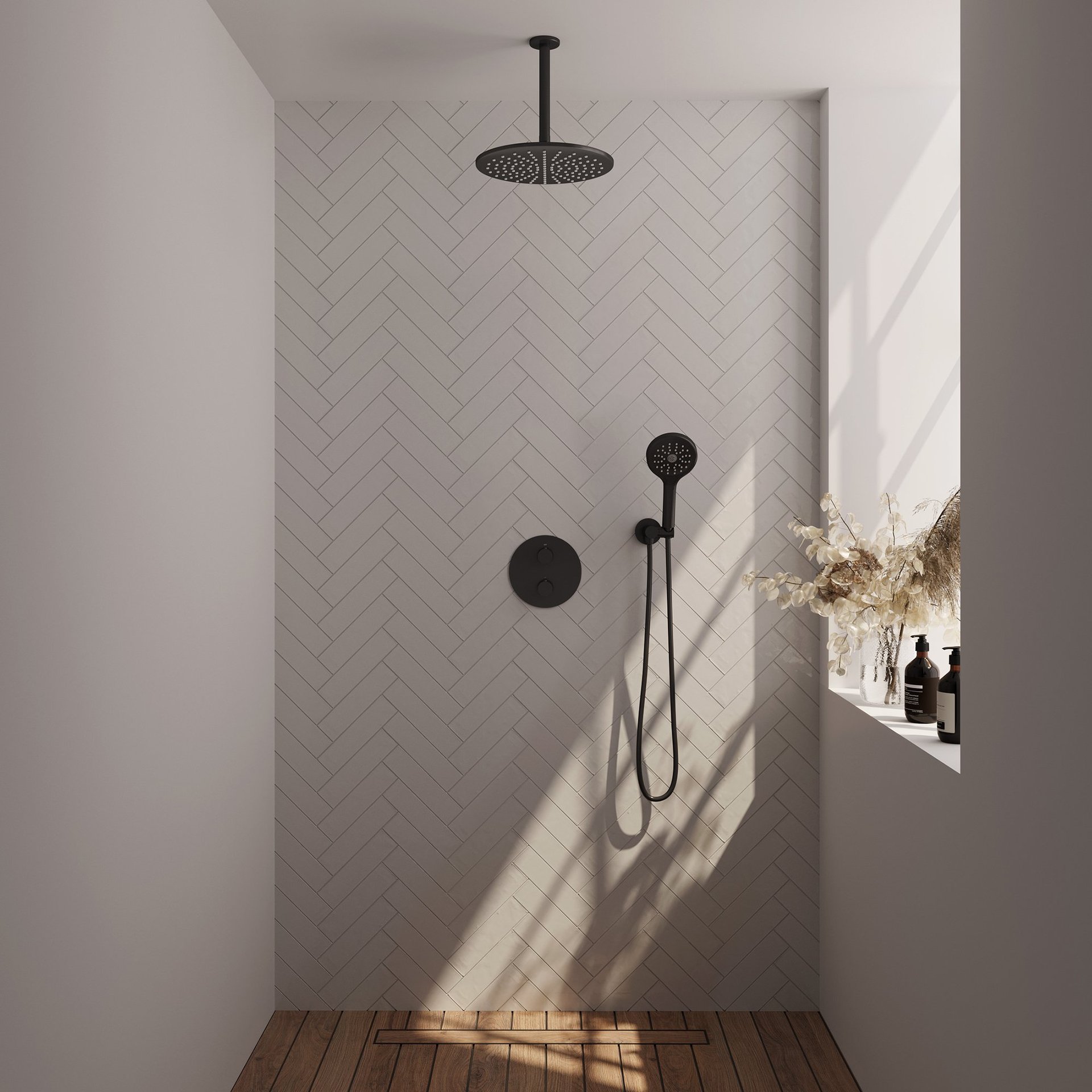 BRAUER Black Carving thermostatische inbouw regendouche 3-weg rond SET 84 met 30 cm douchekop en plafondarm en 3-standen handdouche en doucheslang en wandaansluitbocht mat zwart