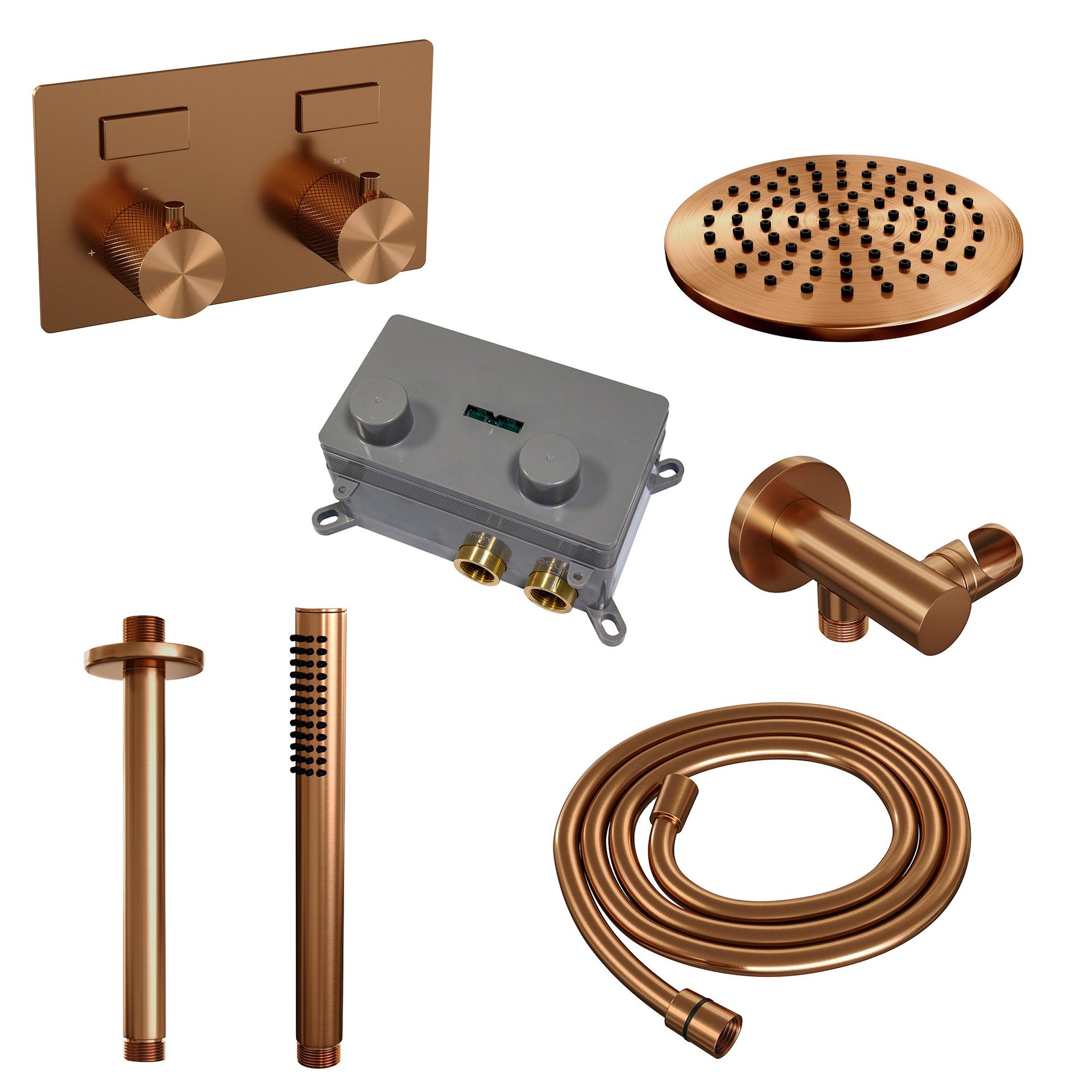 BRAUER Copper Carving thermostatische inbouw regendouche met drukknoppen SET 53 met 20 cm douchekop en plafondarm en staaf handdouche en doucheslang en wandaansluitbocht koper geborsteld PVD