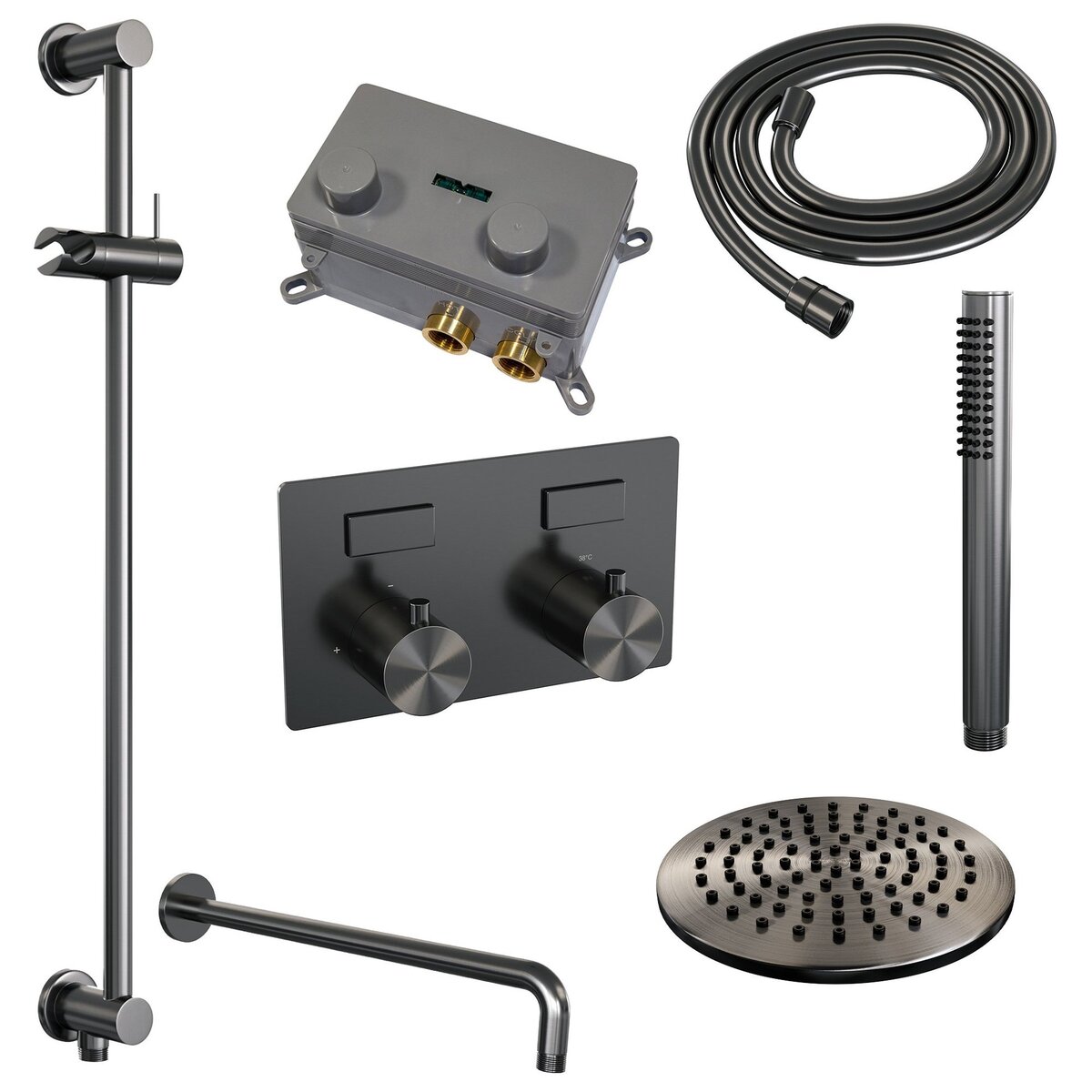 BRAUER Gunmetal Carving thermostatische inbouw regendouche met drukknoppen SET 63 met 20 cm douchekop en gebogen muurarm en staaf handdouche en doucheslang en geïntegreerde glijstang gunmetal geborsteld PVD
