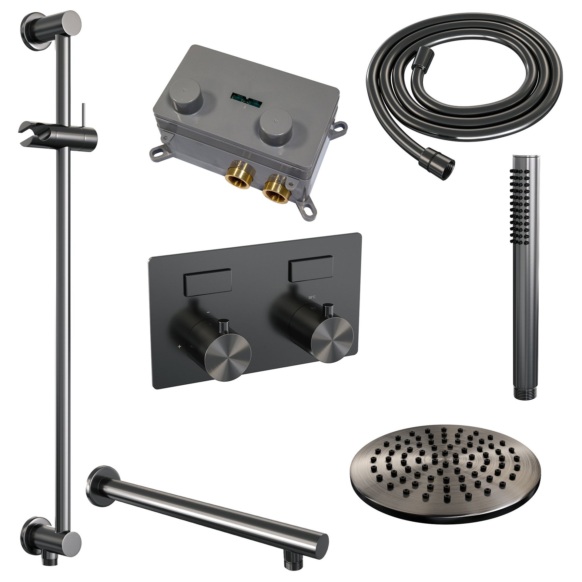 BRAUER Gunmetal Edition thermostatische inbouw regendouche met drukknoppen SET 61 met 20 cm douchekop en rechte muurarm en staaf handdouche en doucheslang en geïntegreerde glijstang gunmetal geborsteld PVD