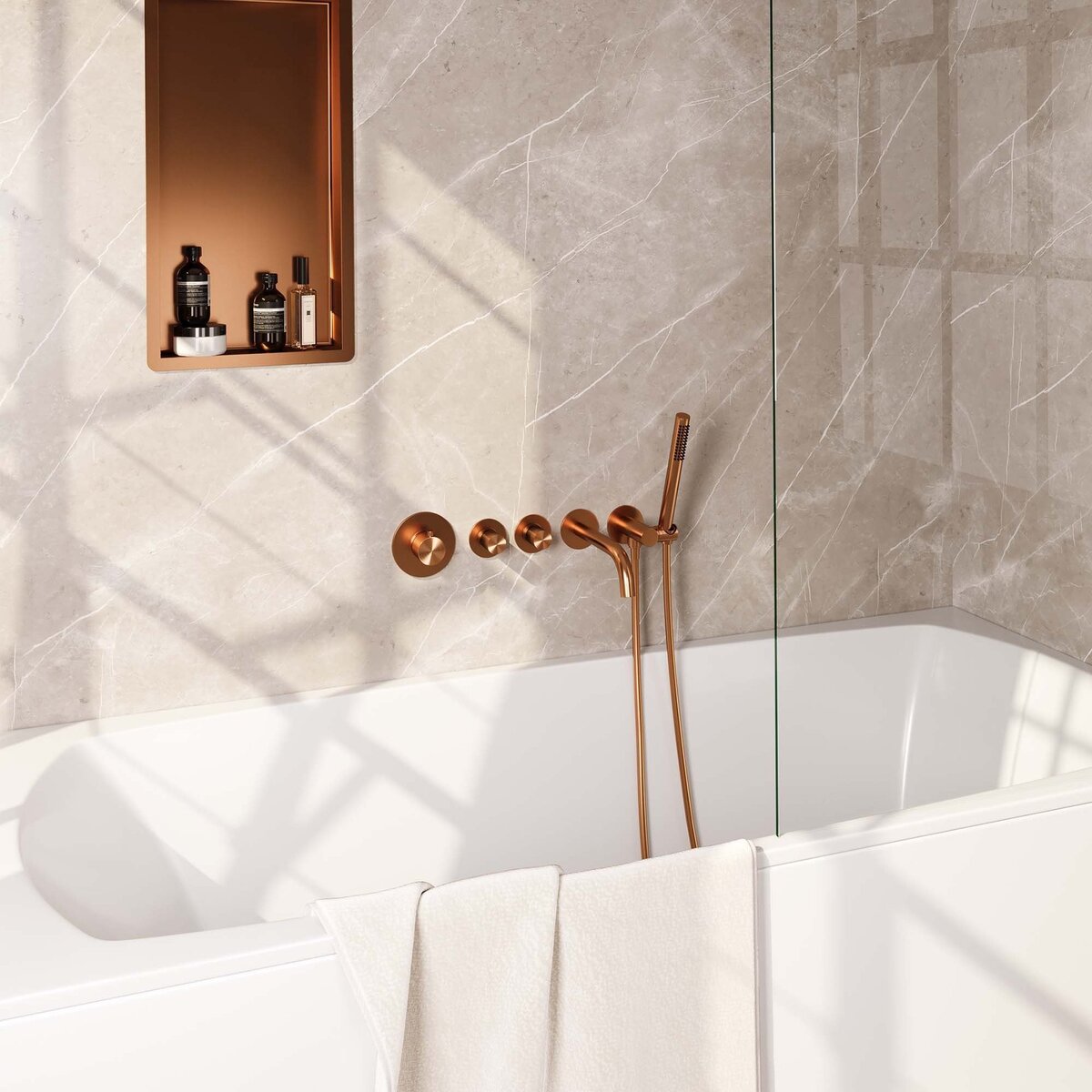 BRAUER Copper Carving thermostatische inbouw badkraan SET 01 met uitloop en staaf handdouche en doucheslang en wandaansluitbocht koper geborsteld PVD