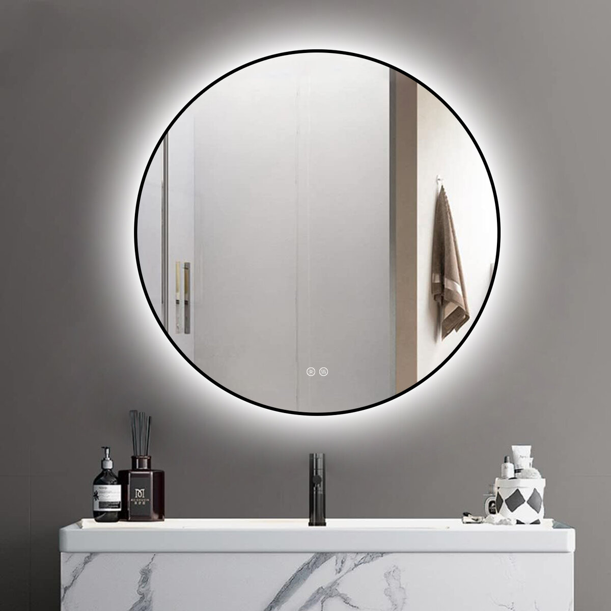 Badkamerspiegel - Sunlight - Rond - Zwarte Rand - 90cm - Spiegelverwarming - 3-standen Dimbare LED Verlichting - Touch Sensor