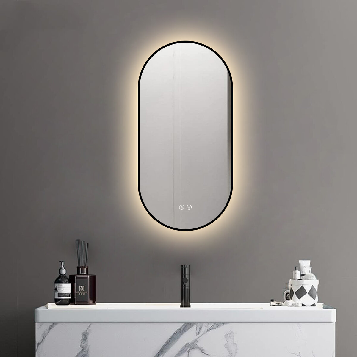 Badkamerspiegel - Sunlight - Ovaal - Zwarte Rand - 40x80cm - Spiegelverwarming - 3-standen Dimbare LED Verlichting - Touch Sensor