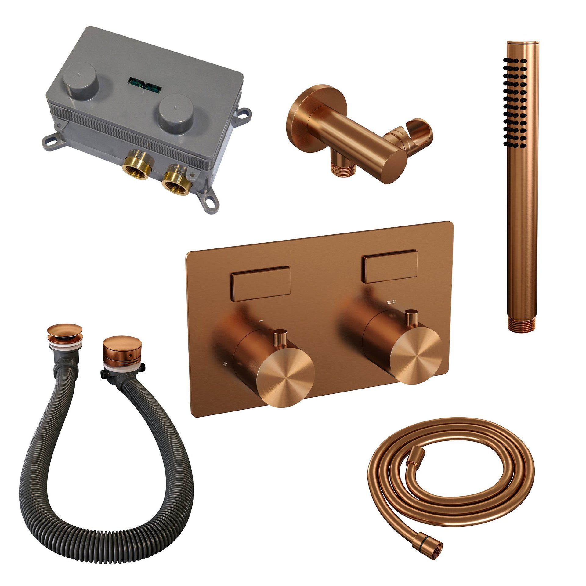 BRAUER Copper Edition thermostatische inbouw badkraan met drukknoppen SET 03 met badvulcombinatie en staaf handdouche en doucheslang en wandaansluitbocht koper geborsteld PVD