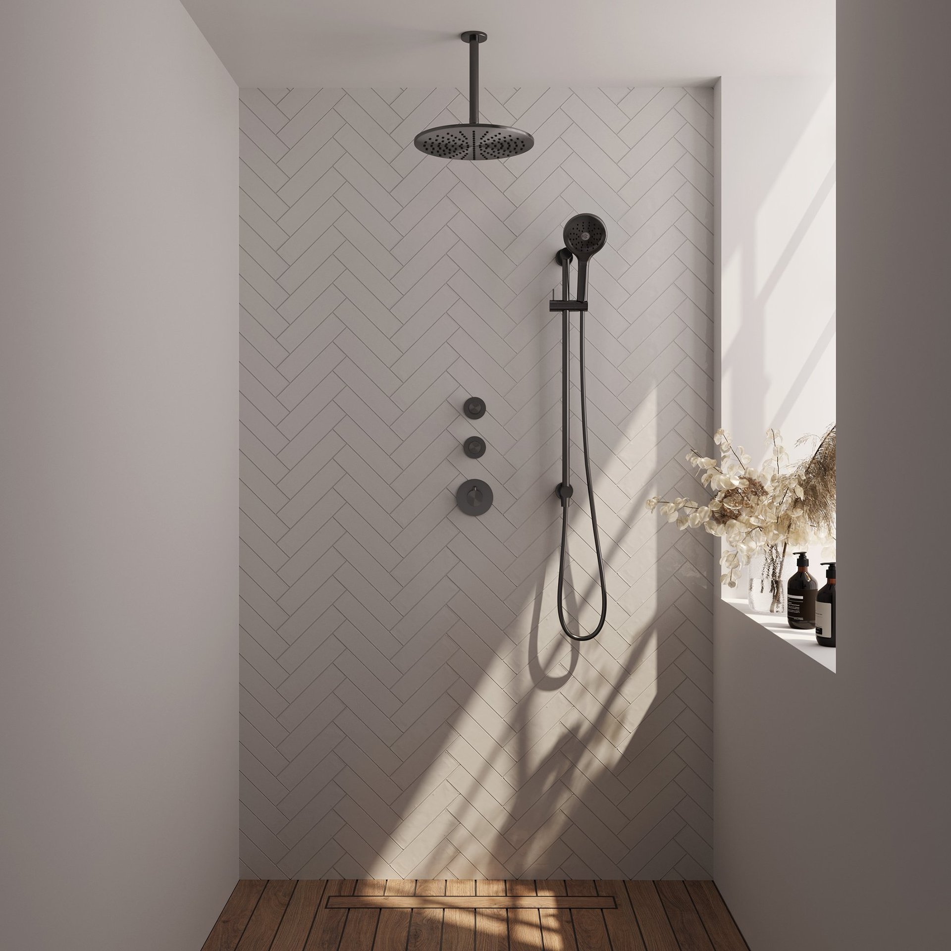 BRAUER Gunmetal Edition thermostatische inbouw regendouche SET 24 met 30 cm douchekop en plafondarm en 3-standen handdouche en doucheslang en geïntegreerde glijstang gunmetal geborsteld PVD