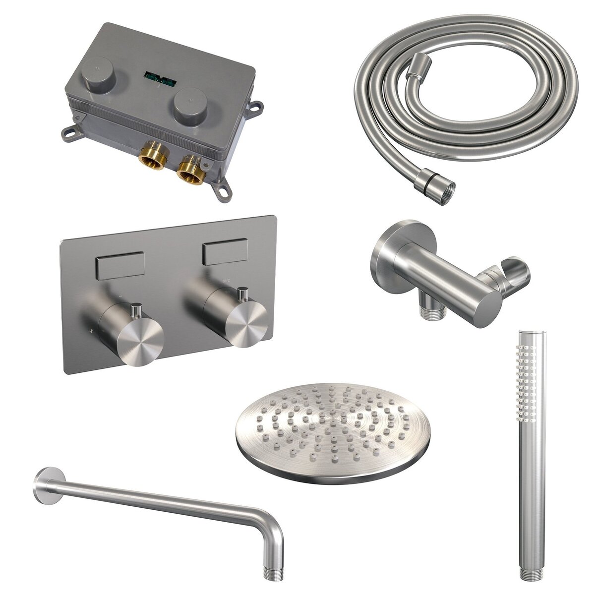 BRAUER Brushed Edition thermostatische inbouw regendouche met drukknoppen SET 51 met 20 cm douchekop en gebogen muurarm en staaf handdouche en doucheslang en wandaansluitbocht RVS geborsteld PVD