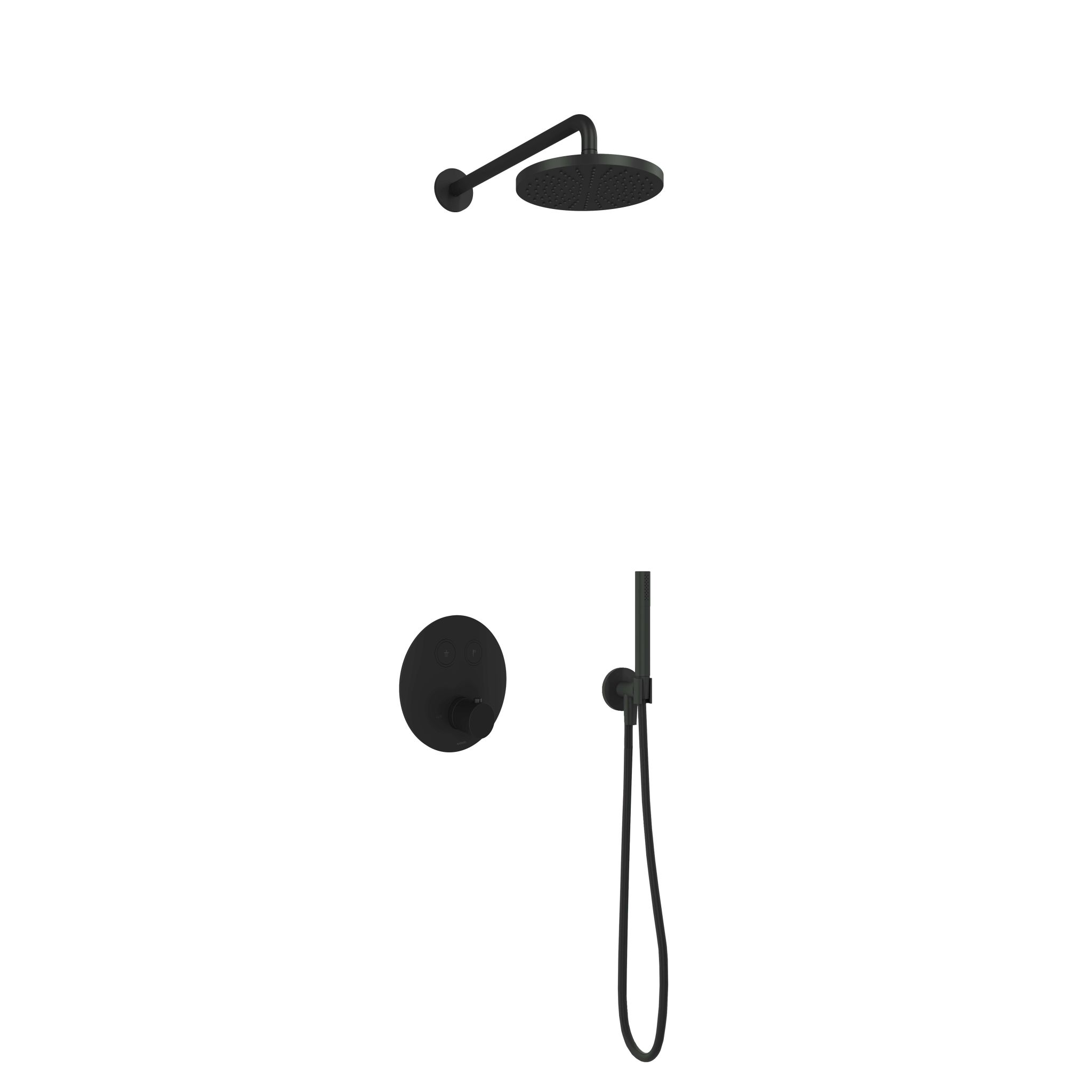 Hotbath Cobber Inbouw Regendoucheset Thermostaatkraan Met 2 Pushbuttons Rond, Wandarm, Hoofddouche 20cm En Staafhanddouche Mat Zwart