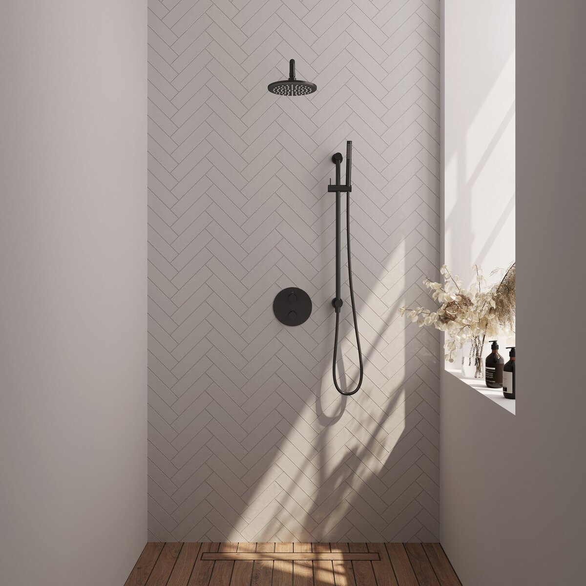 BRAUER Black Edition thermostatische inbouw regendouche 3-weg rond SET 87 met 20 cm douchekop en gebogen muurarm en staaf handdouche en doucheslang en geïntegreerde glijstang mat zwart