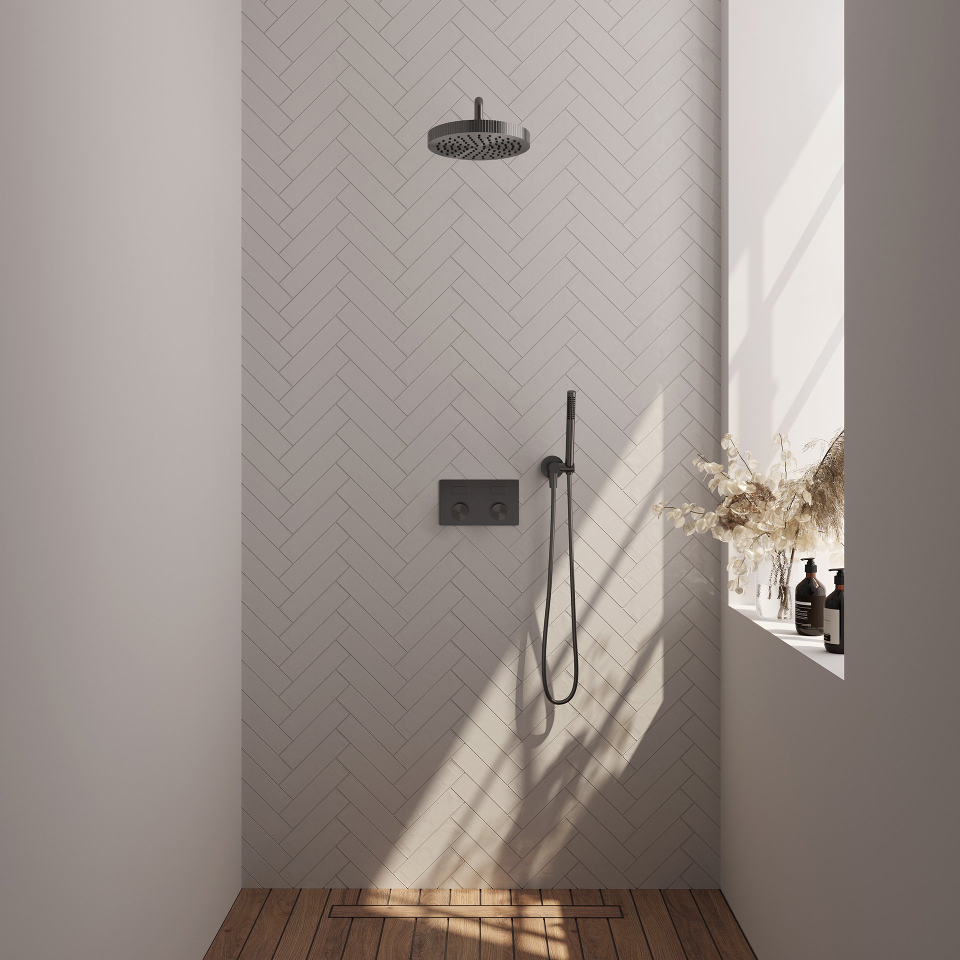 BRAUER Stripe thermostatische inbouw regendouche met drukknoppen SET 26 met 25 cm douchekop en gebogen muurarm en staaf handdouche en doucheslang en wandaansluitbocht gunmetal geborsteld PVD