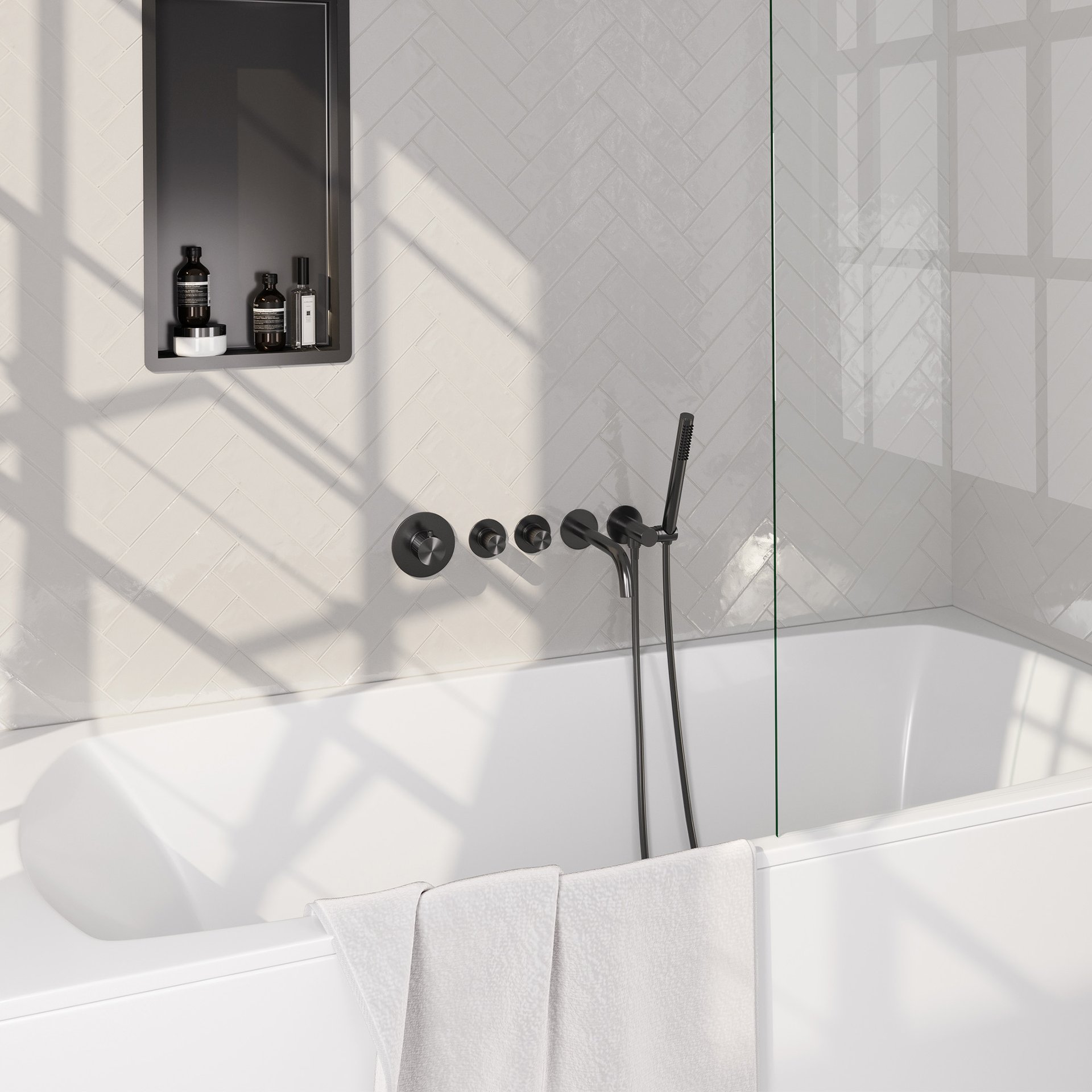 BRAUER Stripe thermostatische inbouw badkraan SET 01 met uitloop en staaf handdouche en doucheslang en wandaansluitbocht gunmetal geborsteld PVD