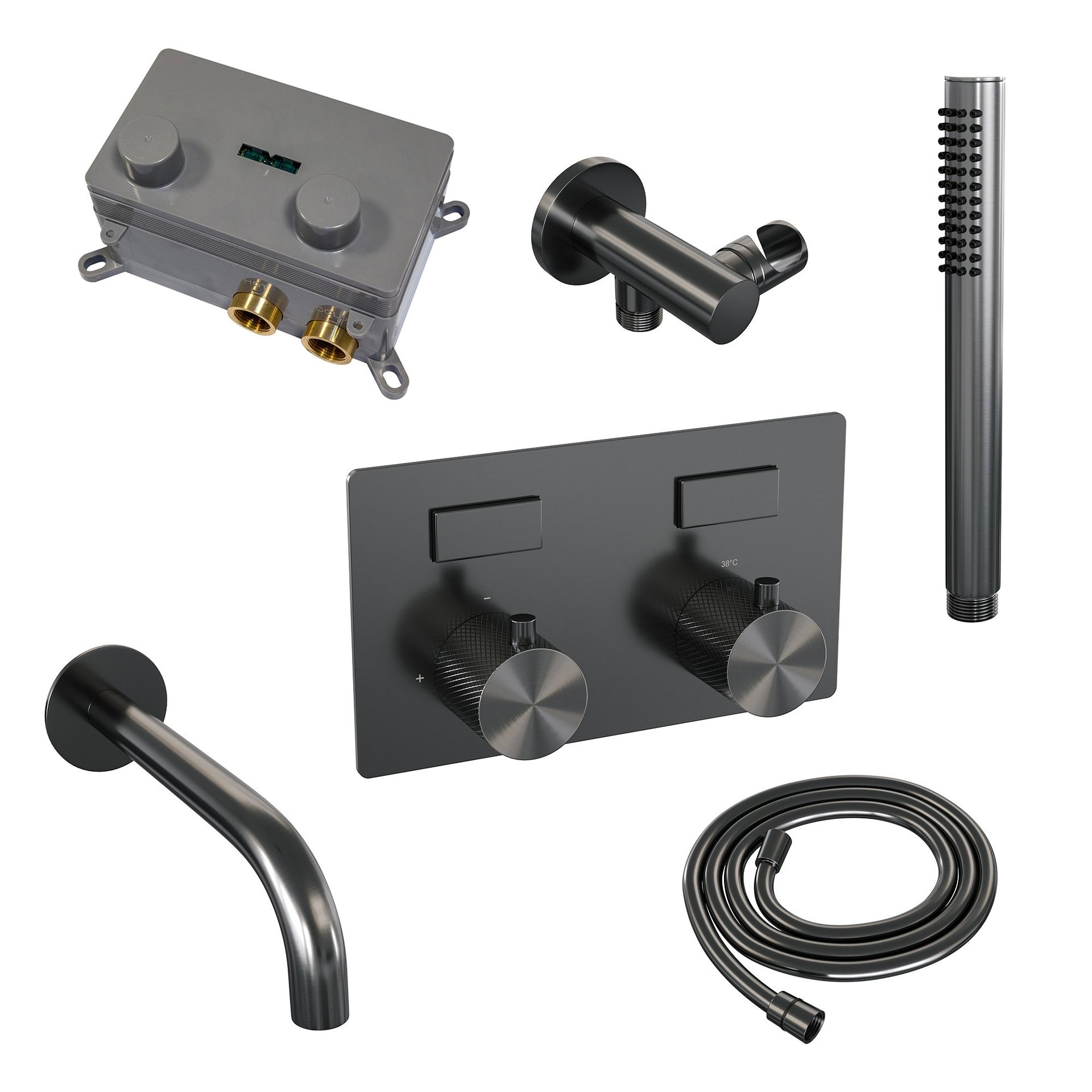 BRAUER Gunmetal Carving thermostatische inbouw badkraan met drukknoppen SET 03 met uitloop en staaf handdouche en doucheslang en wandaansluitbocht gunmetal geborsteld PVD