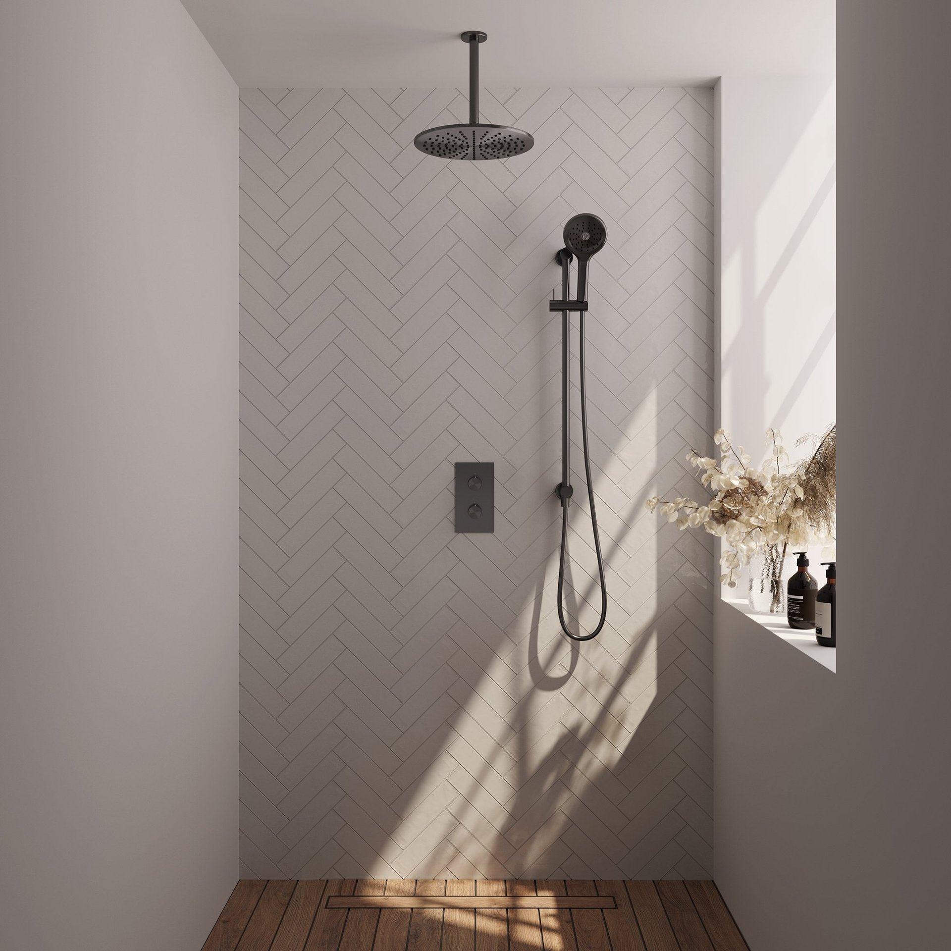 BRAUER Gunmetal Edition thermostatische inbouw regendouche 3-weg rechthoekig SET 48 met 30 cm douchekop en plafondarm en 3-standen handdouche en doucheslang en geïntegreerde glijstang gunmetal geborsteld PVD