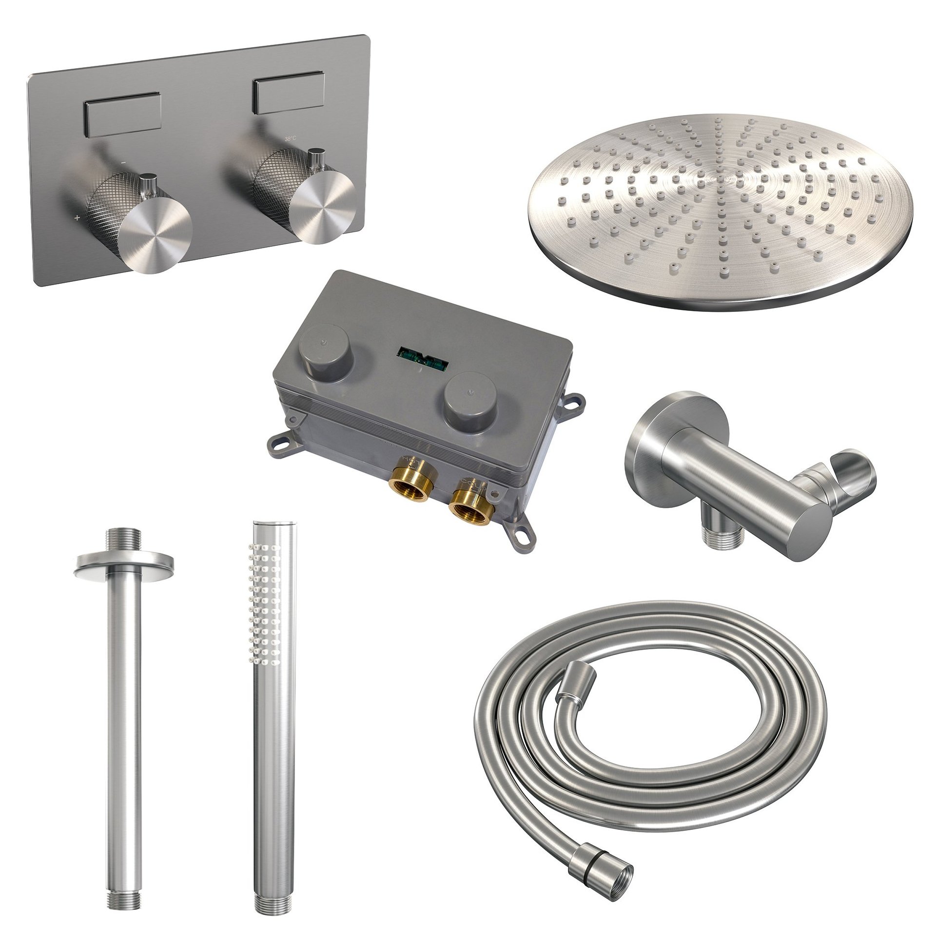 BRAUER Brushed Carving thermostatische inbouw regendouche met drukknoppen SET 54 met 30 cm douchekop en plafondarm en staaf handdouche en doucheslang en wandaansluitbocht RVS geborsteld PVD