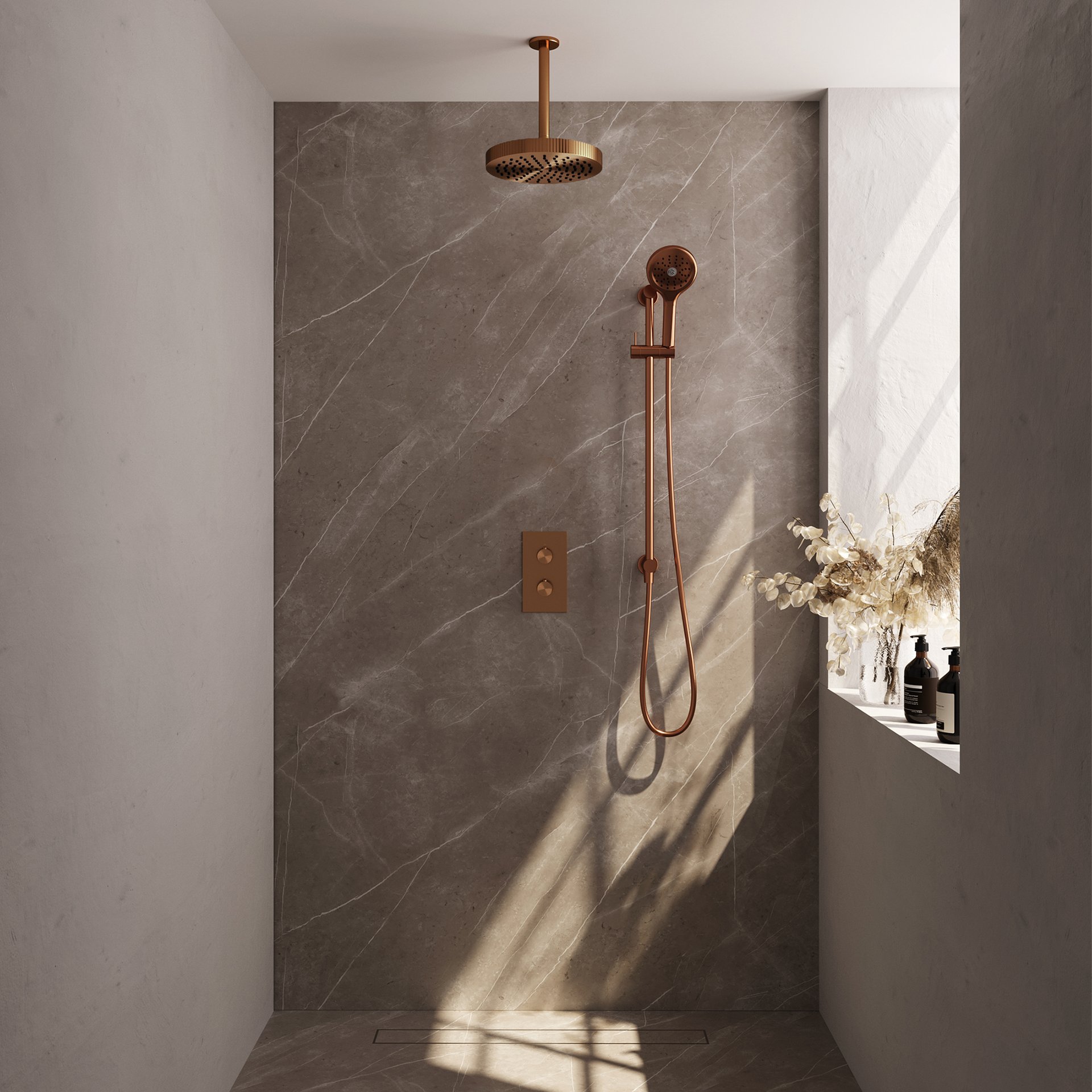 BRAUER Stripe thermostatische inbouw regendouche 3-weg rechthoekig SET 24 met 25 cm douchekop en plafondarm en 3-standen handdouche en doucheslang en geïntegreerde glijstang koper geborsteld PVD
