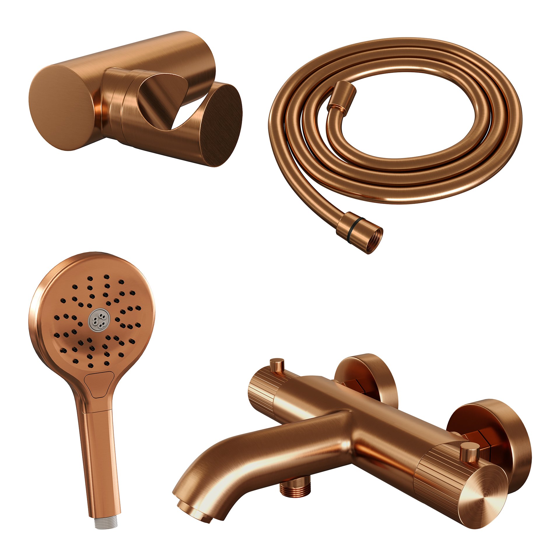 BRAUER Stripe opbouw baddouche thermostaatkraan SET 04 met wandhouder en 3-standen handdouche en doucheslang koper geborsteld PVD