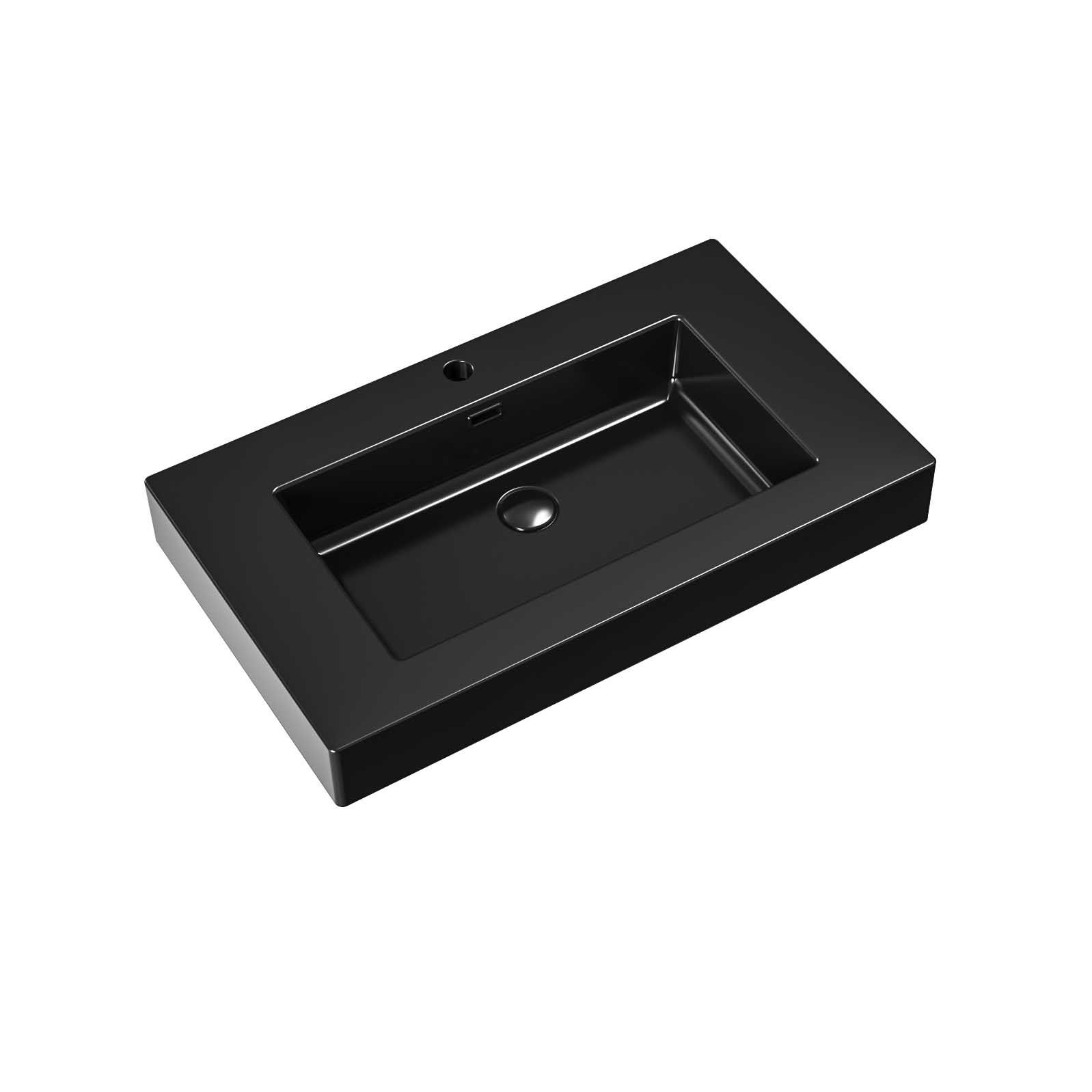 Aloni Wastafel - 1 Wasbak - Met Overloop - 1 Kraangat - Kunstmarmer - 80x10x46 Cm - Mat Zwart