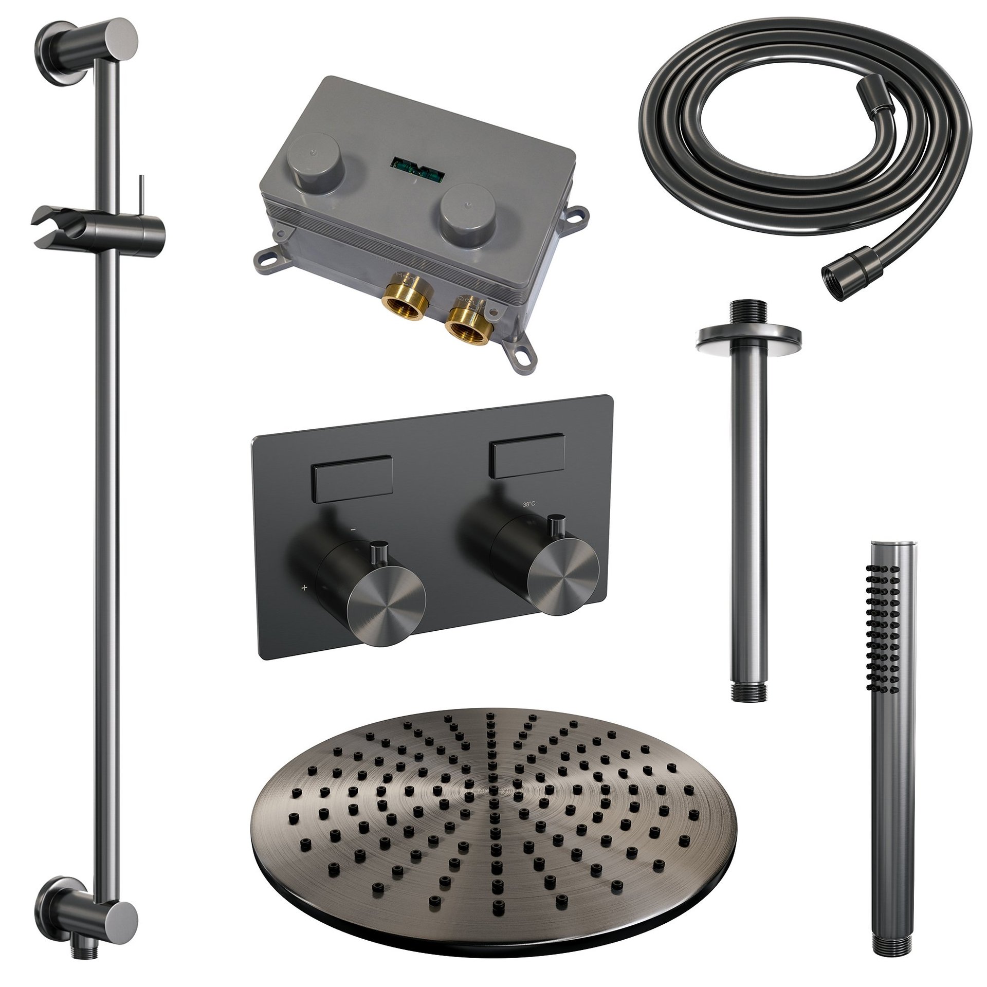 BRAUER Gunmetal Edition thermostatische inbouw regendouche met drukknoppen SET 66 met 30 cm douchekop en plafondarm en staaf handdouche en doucheslang en geïntegreerde glijstang gunmetal geborsteld PVD
