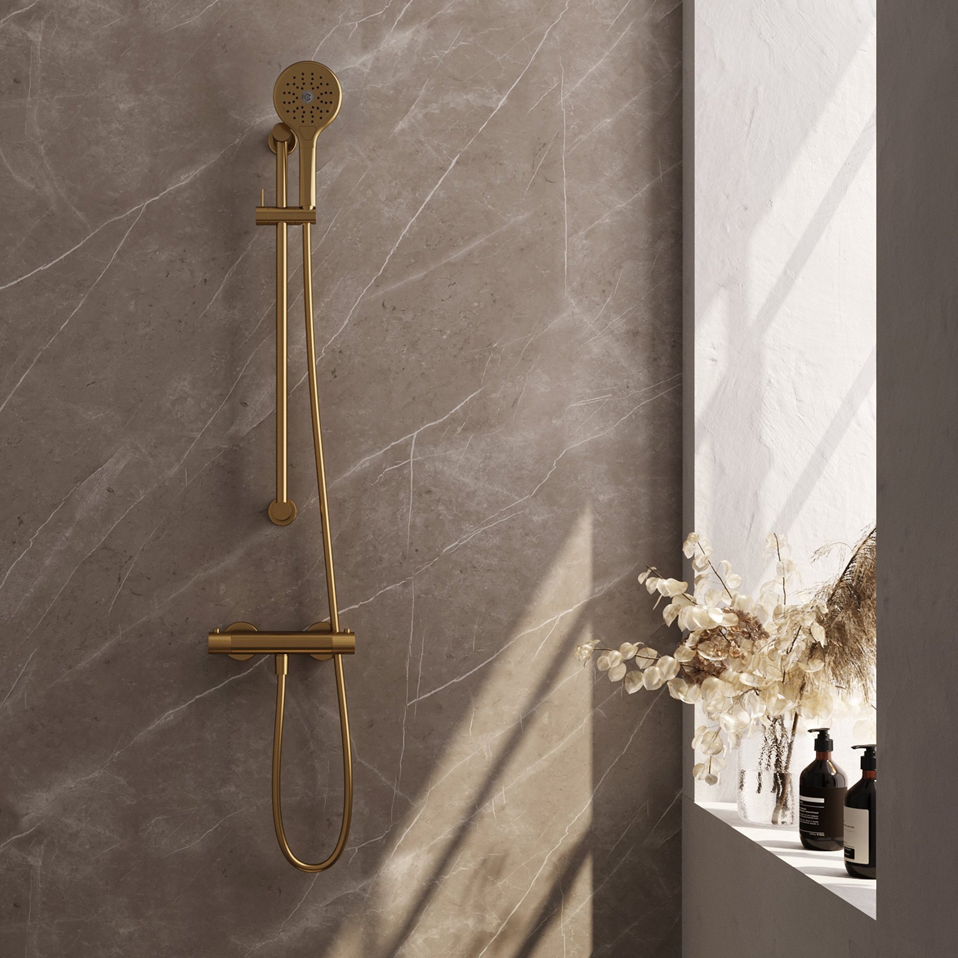 BRAUER Gold Carving opbouw douche thermostaatkraan SET 02 met glijstang en 3-standen handdouche en doucheslang goud geborsteld PVD