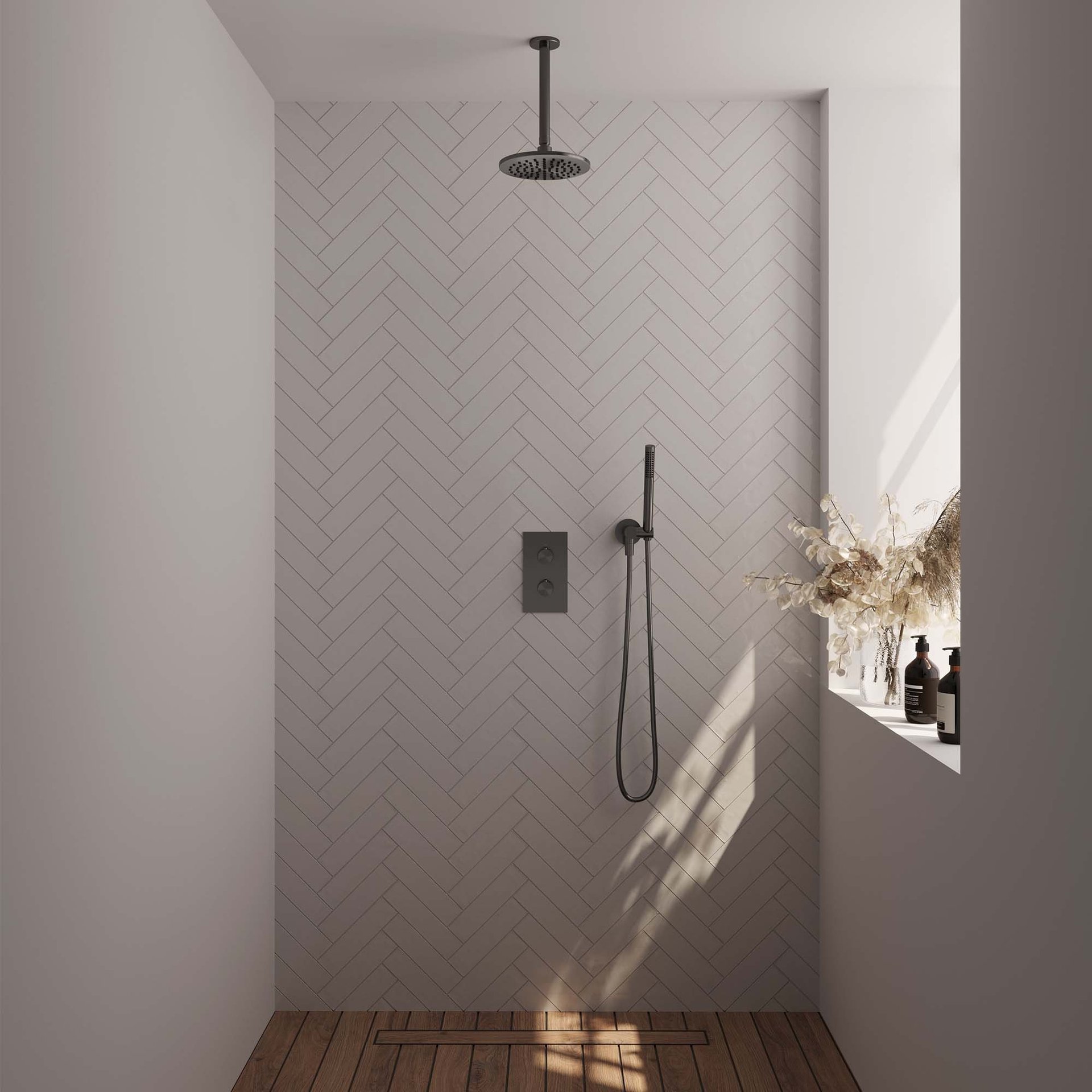BRAUER Gunmetal Edition thermostatische inbouw regendouche 3-weg rechthoekig SET 29 met 20 cm douchekop en plafondarm en staaf handdouche en doucheslang en wandaansluitbocht gunmetal geborsteld PVD