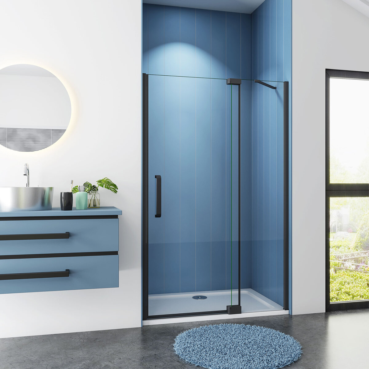 Douchedeur Black Cosmos Nisdeur 90x195 Draaideur Met Vaste Wand 8mm Helder Glas Antikalk Mat Zwart