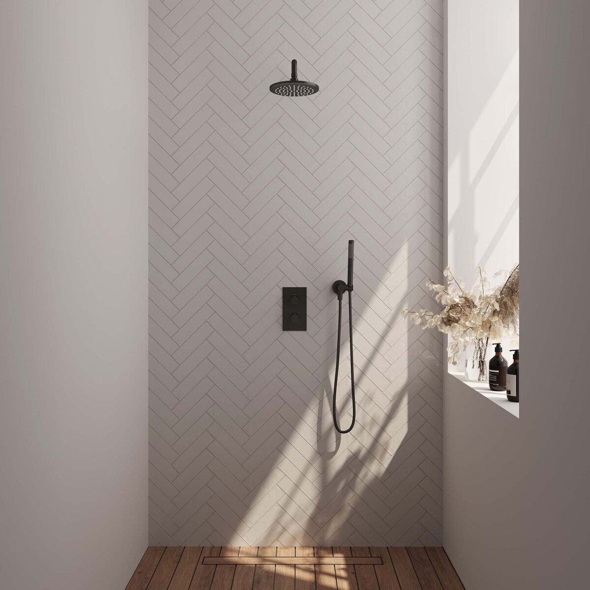 BRAUER Black Carving thermostatische inbouw regendouche 3-weg rechthoekig SET 27 met 20 cm douchekop en gebogen muurarm en staaf handdouche en doucheslang en wandaansluitbocht mat zwart