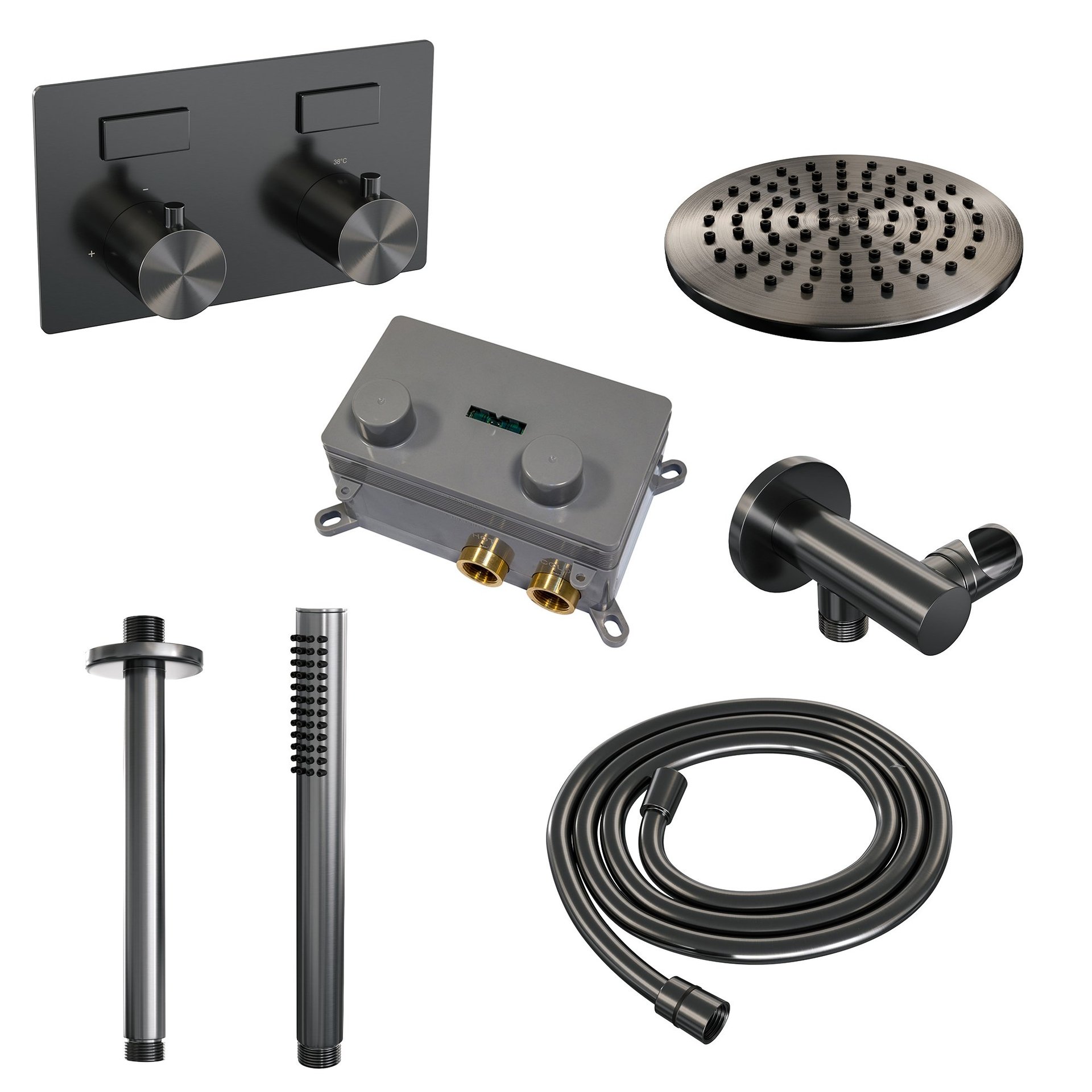 BRAUER Gunmetal Edition thermostatische inbouw regendouche met drukknoppen SET 53 met 20 cm douchekop en plafondarm en staaf handdouche en doucheslang en wandaansluitbocht gunmetal geborsteld PVD