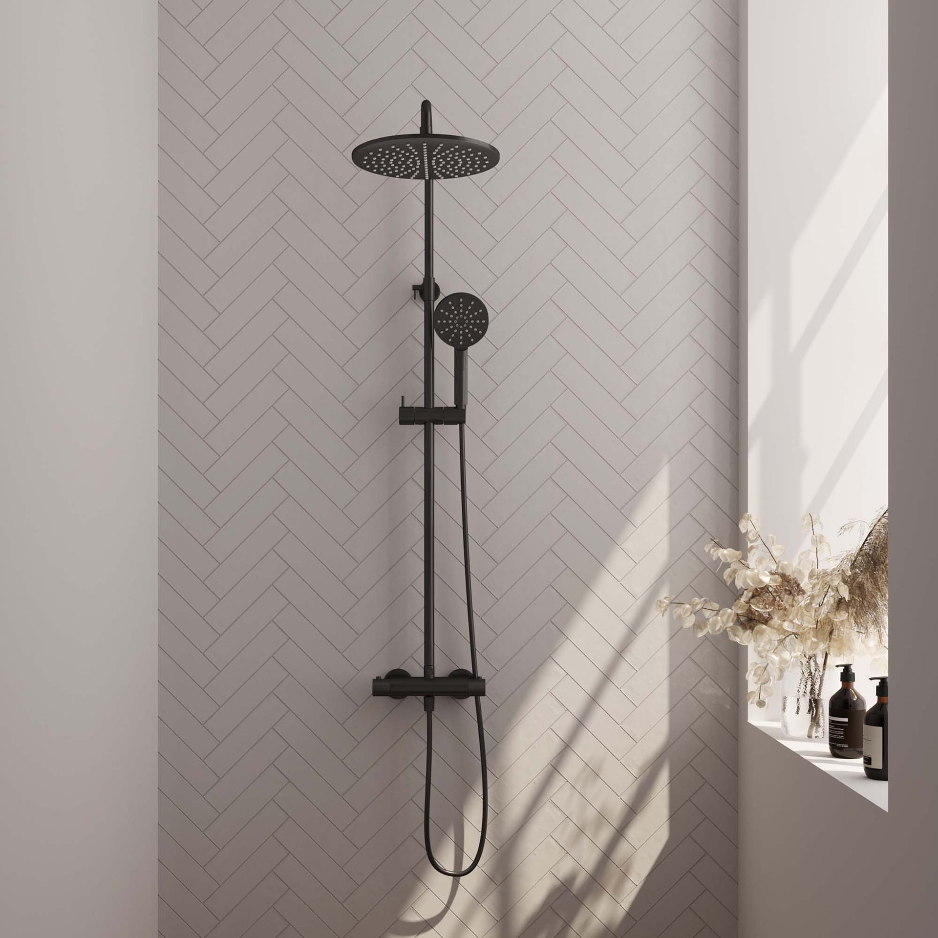 BRAUER Black Carving opbouw thermostatische regendouche SET 04 met 30 cm hoofddouche en 3-standen handdouche en doucheslang mat zwart