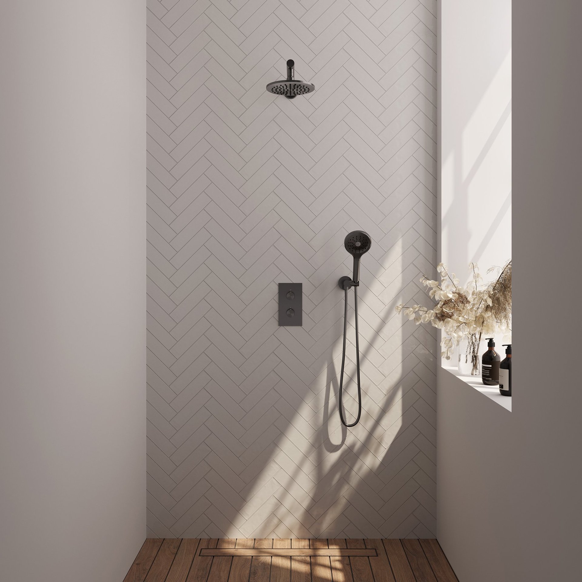 BRAUER Gunmetal Carving thermostatische inbouw regendouche 3-weg rechthoekig SET 31 met 20 cm douchekop en rechte muurarm en 3-standen handdouche en doucheslang en wandaansluitbocht gunmetal geborsteld PVD