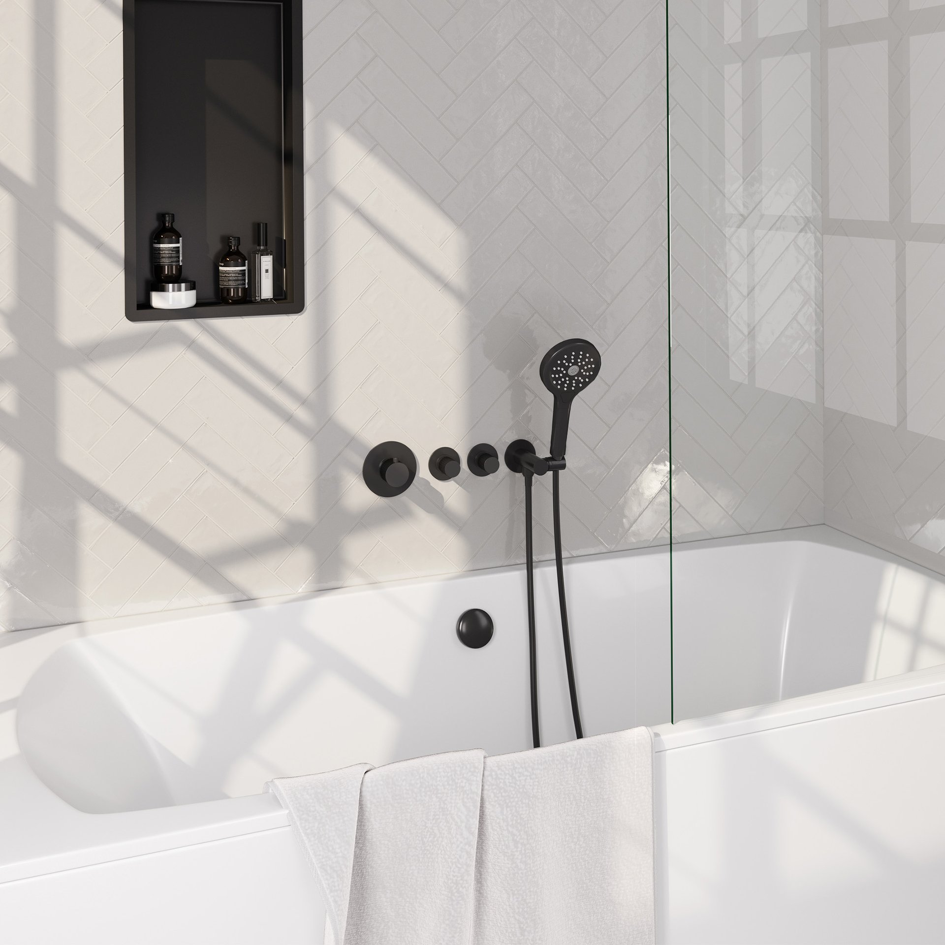 BRAUER Stripe thermostatische inbouw badkraan SET 02 met badvulcombinatie en 3-standen handdouche en doucheslang en wandaansluitbocht mat zwart