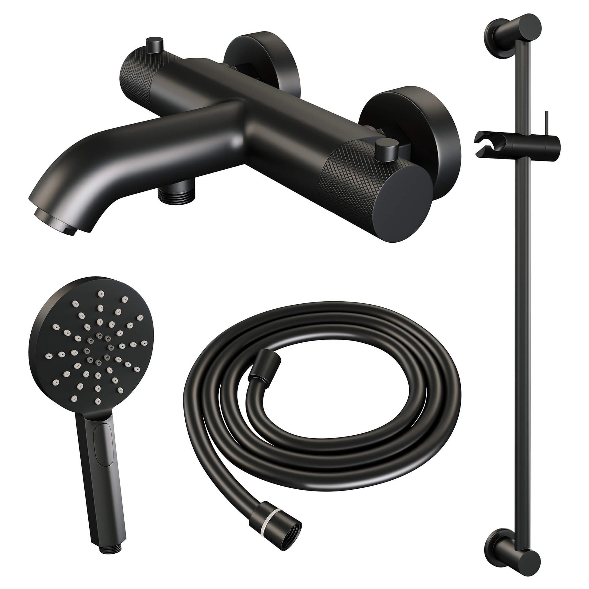BRAUER Black Carving opbouw baddouche thermostaatkraan SET 02 met glijstang en 3-standen handdouche en doucheslang mat zwart