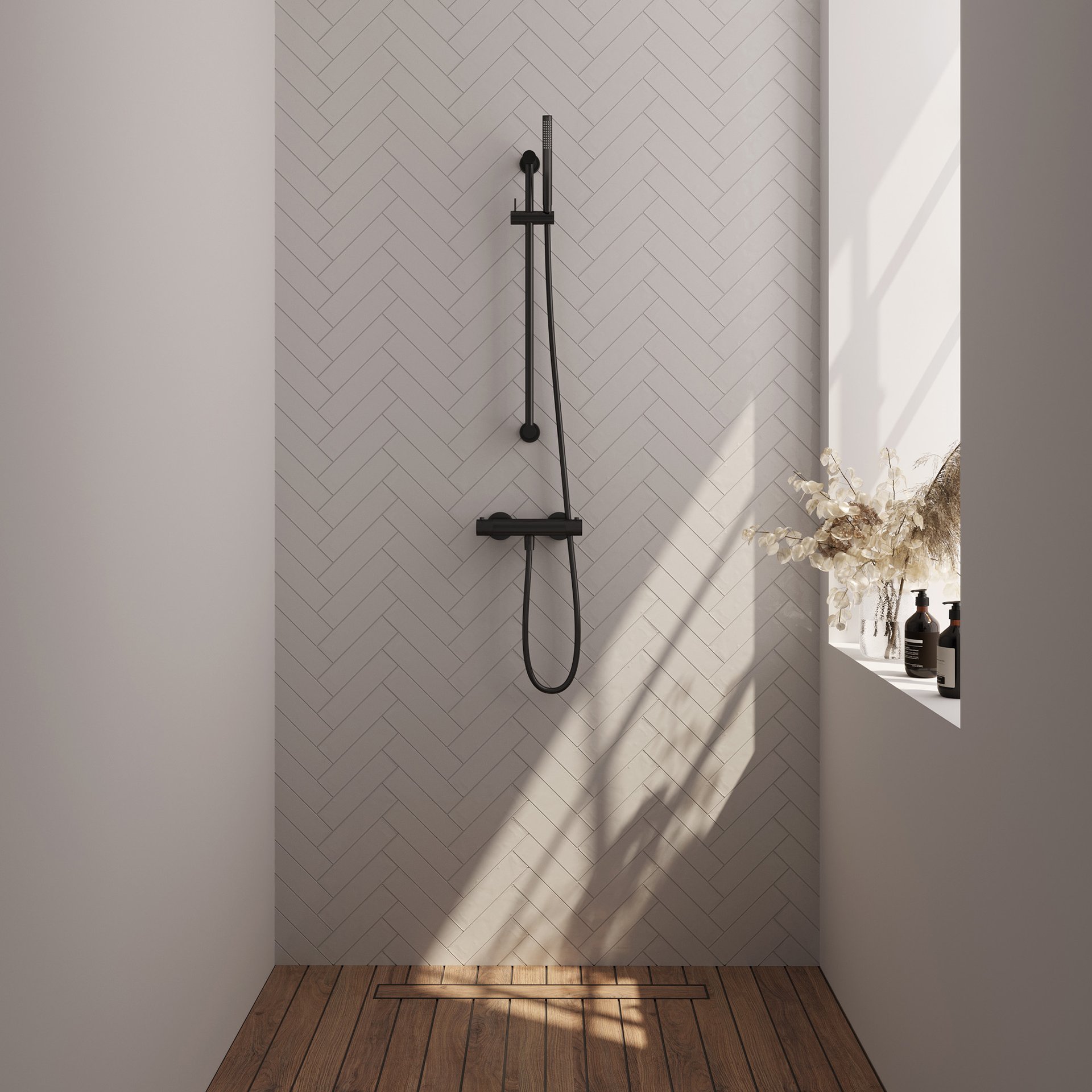 BRAUER Stripe opbouw douche thermostaatkraan SET 01 met glijstang en staaf handdouche en doucheslang mat zwart