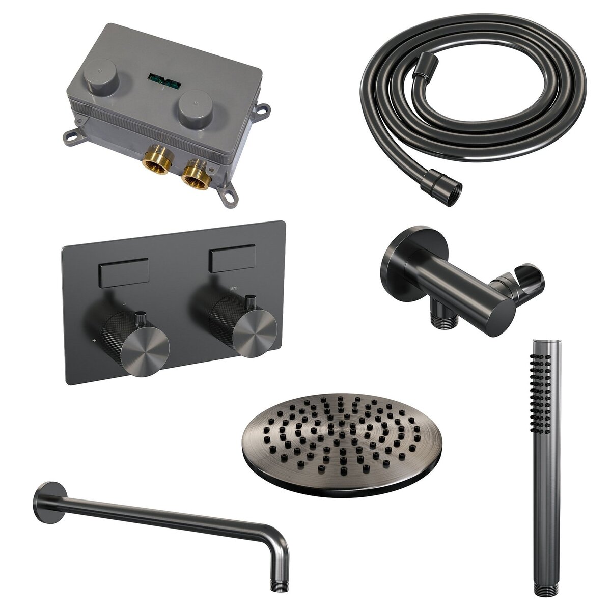 BRAUER Gunmetal Carving thermostatische inbouw regendouche met drukknoppen SET 51 met 20 cm douchekop en gebogen muurarm en staaf handdouche en doucheslang en wandaansluitbocht gunmetal geborsteld PVD