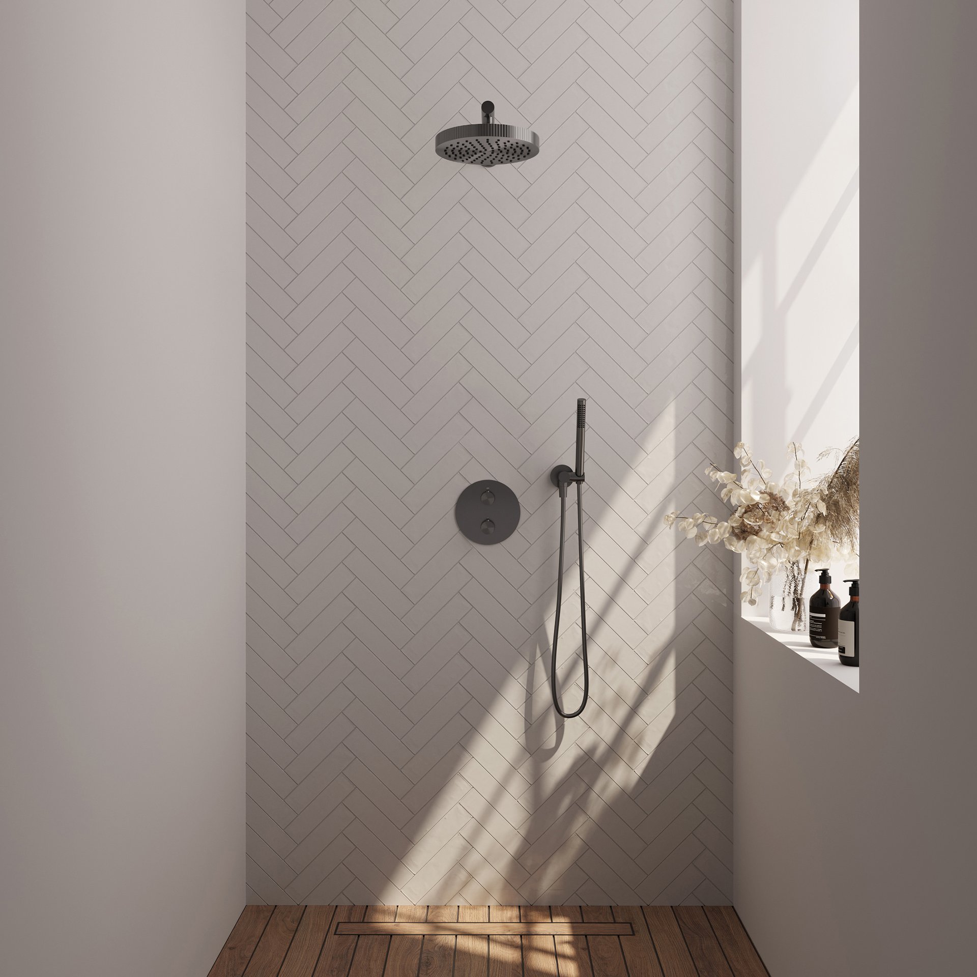 BRAUER Stripe thermostatische inbouw regendouche 3-weg rond SET 37 met 25 cm douchekop en rechte muurarm en staaf handdouche en doucheslang en wandaansluitbocht gunmetal geborsteld PVD