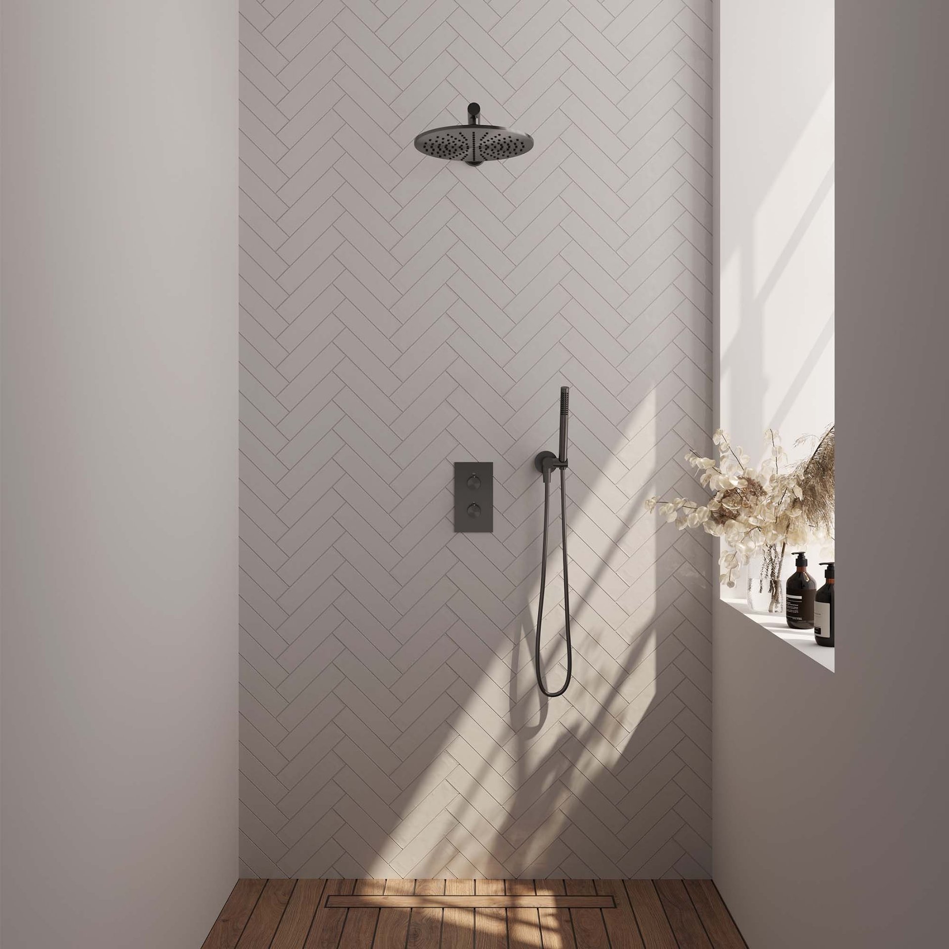 BRAUER Gunmetal Edition thermostatische inbouw regendouche 3-weg rechthoekig SET 26 met 30 cm douchekop en rechte muurarm en staaf handdouche en doucheslang en wandaansluitbocht gunmetal geborsteld PVD