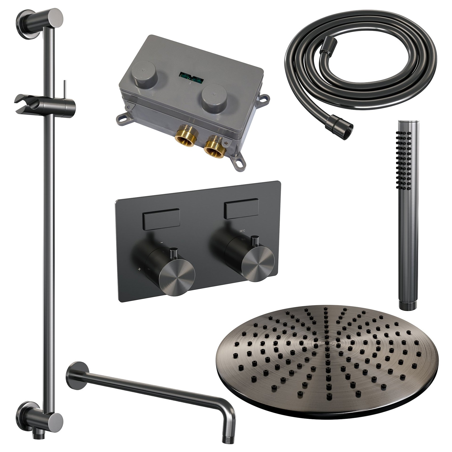BRAUER Gunmetal Edition thermostatische inbouw regendouche met drukknoppen SET 64 met 30 cm douchekop en gebogen muurarm en staaf handdouche en doucheslang en geïntegreerde glijstang gunmetal geborsteld PVD