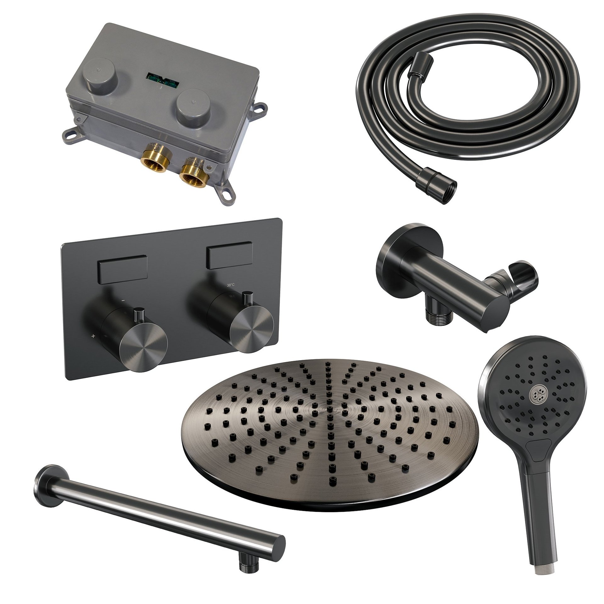 BRAUER Gunmetal Edition thermostatische inbouw regendouche met drukknoppen SET 56 met 30 cm douchekop en rechte muurarm en 3-standen handdouche en doucheslang en wandaansluitbocht gunmetal geborsteld PVD