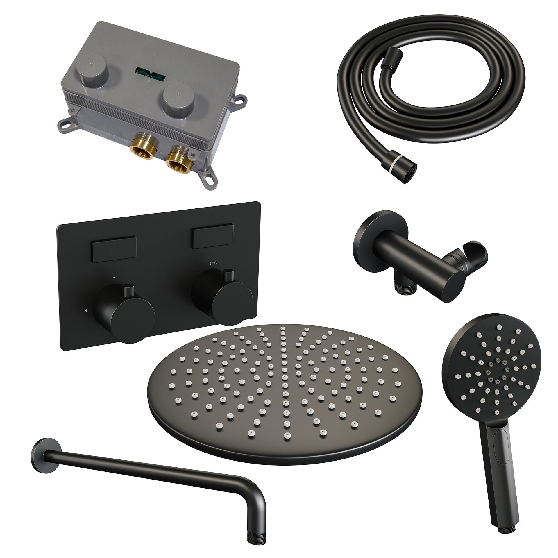 BRAUER Black Edition thermostatische inbouw regendouche met drukknoppen SET 58 met 30 cm douchekop en gebogen muurarm en 3-standen handdouche en doucheslang en wandaansluitbocht mat zwart